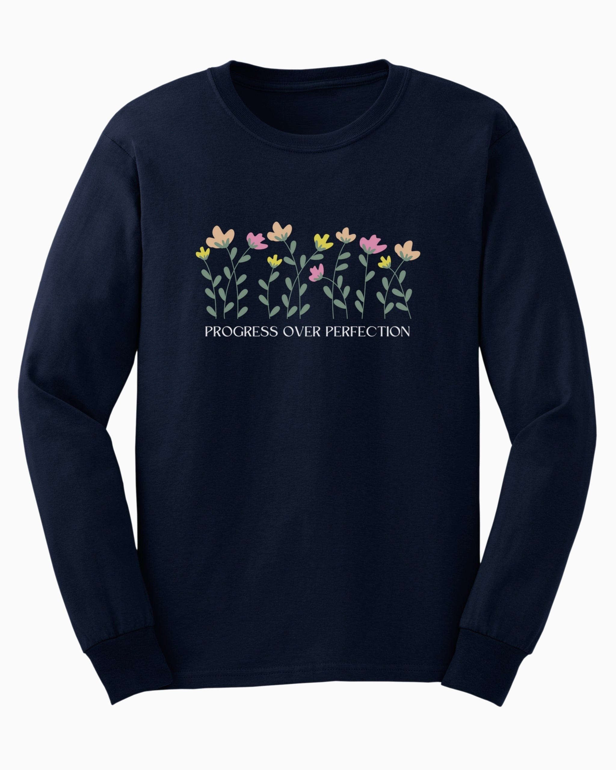Progress Over Perfection Long Sleeve T-Shirt-Navy-Neurodiversity, ADHD & Autism Awareness & Acceptance Long-sleeve by Daily Bloom