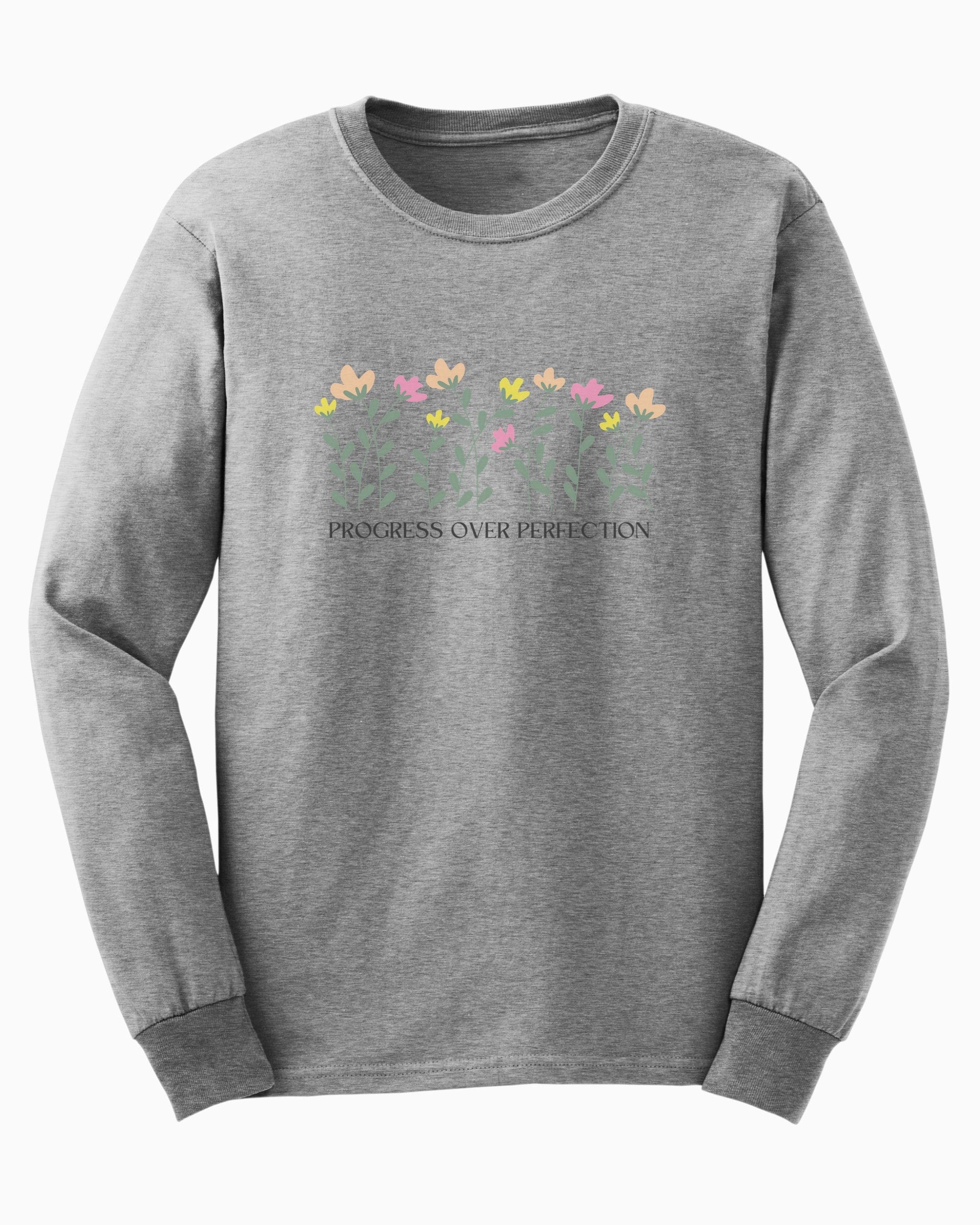 Progress Over Perfection Long Sleeve T-Shirt-Sport Grey-Neurodiversity, ADHD & Autism Awareness & Acceptance Long-sleeve by Daily Bloom