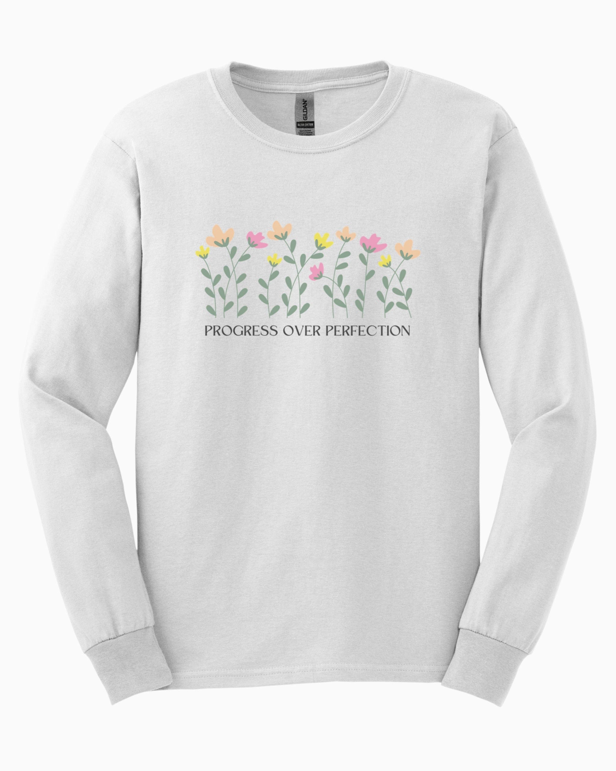 Progress Over Perfection Long Sleeve T-Shirt-White-Neurodiversity, ADHD & Autism Awareness & Acceptance Long-sleeve by Daily Bloom