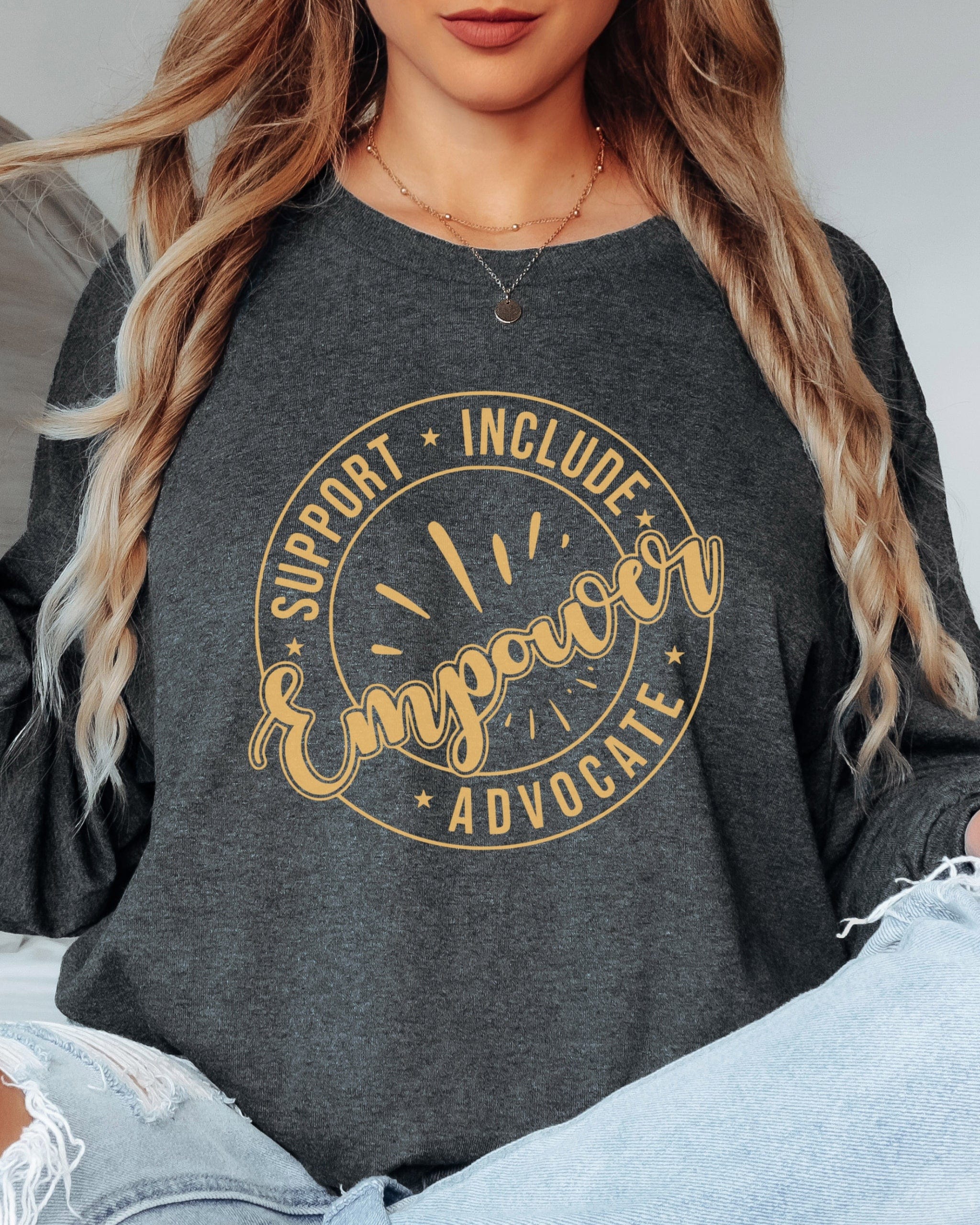 Support Include Advocate Empower Long Sleeve T-Shirt-Neurodiversity, ADHD & Autism Awareness & Acceptance Long-sleeve by Daily Bloom