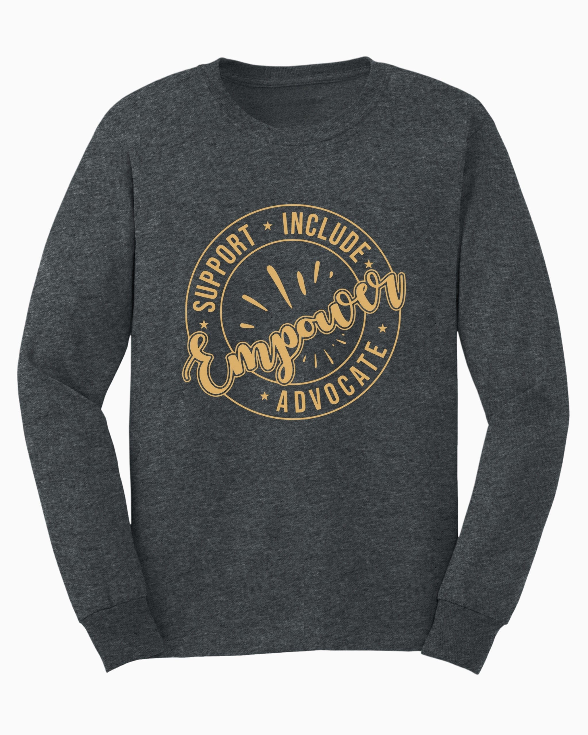 Support Include Advocate Empower Long Sleeve T-Shirt-Dark Heather-Neurodiversity, ADHD & Autism Awareness & Acceptance Long-sleeve by Daily Bloom