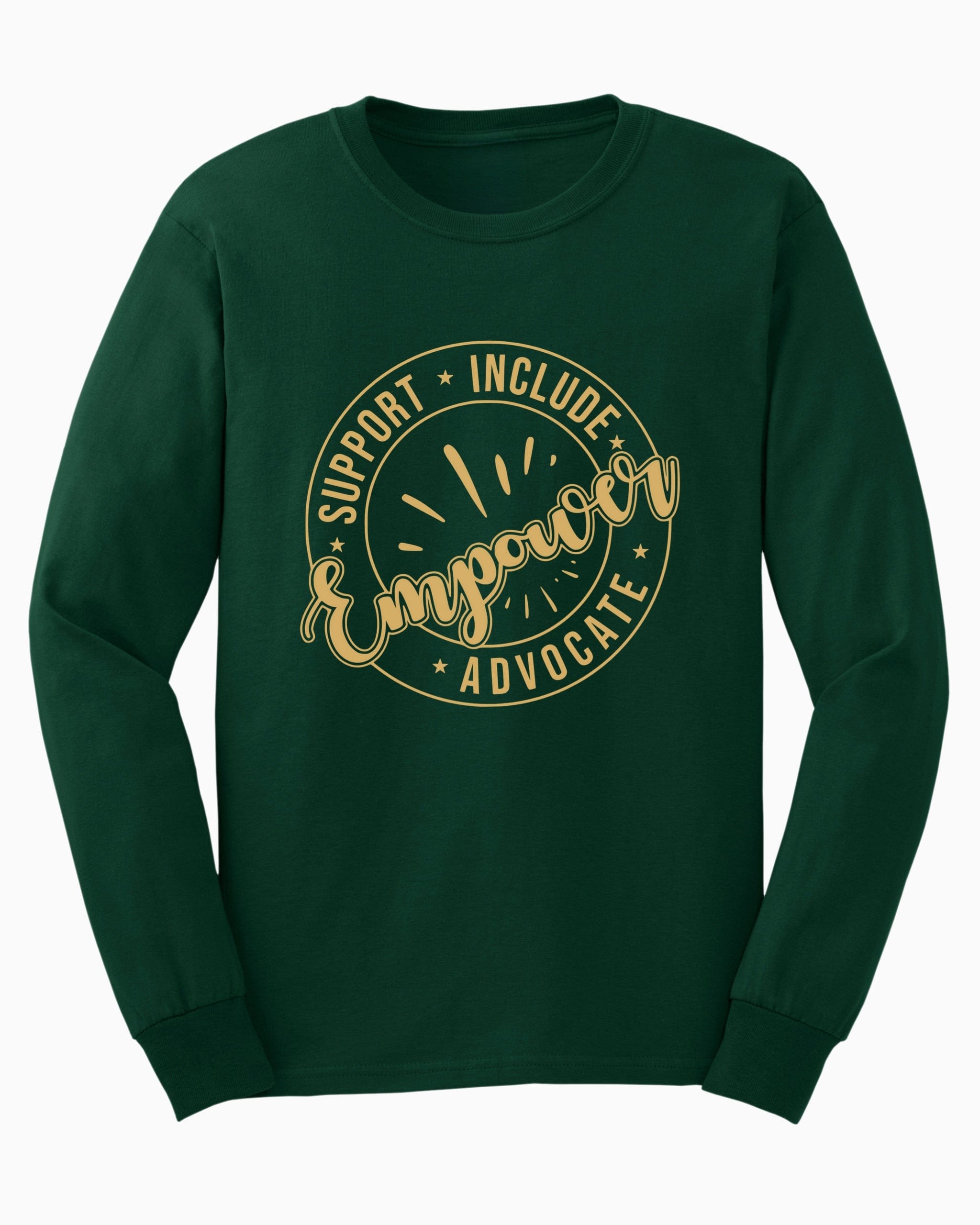 Support Include Advocate Empower Long Sleeve T-Shirt-Forest Green-Neurodiversity, ADHD & Autism Awareness & Acceptance Long-sleeve by Daily Bloom