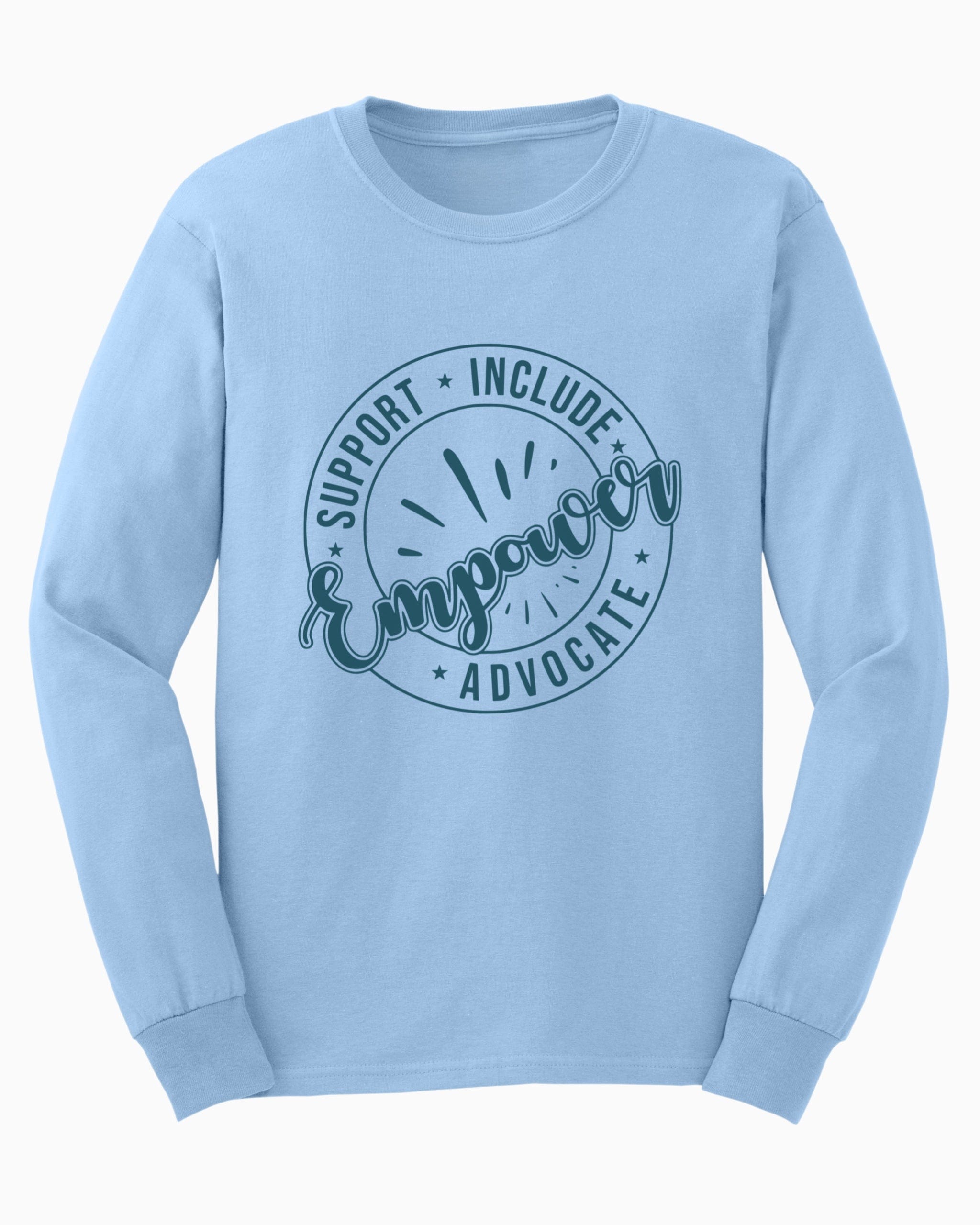 Support Include Advocate Empower Long Sleeve T-Shirt-Light Blue-Neurodiversity, ADHD & Autism Awareness & Acceptance Long-sleeve by Daily Bloom