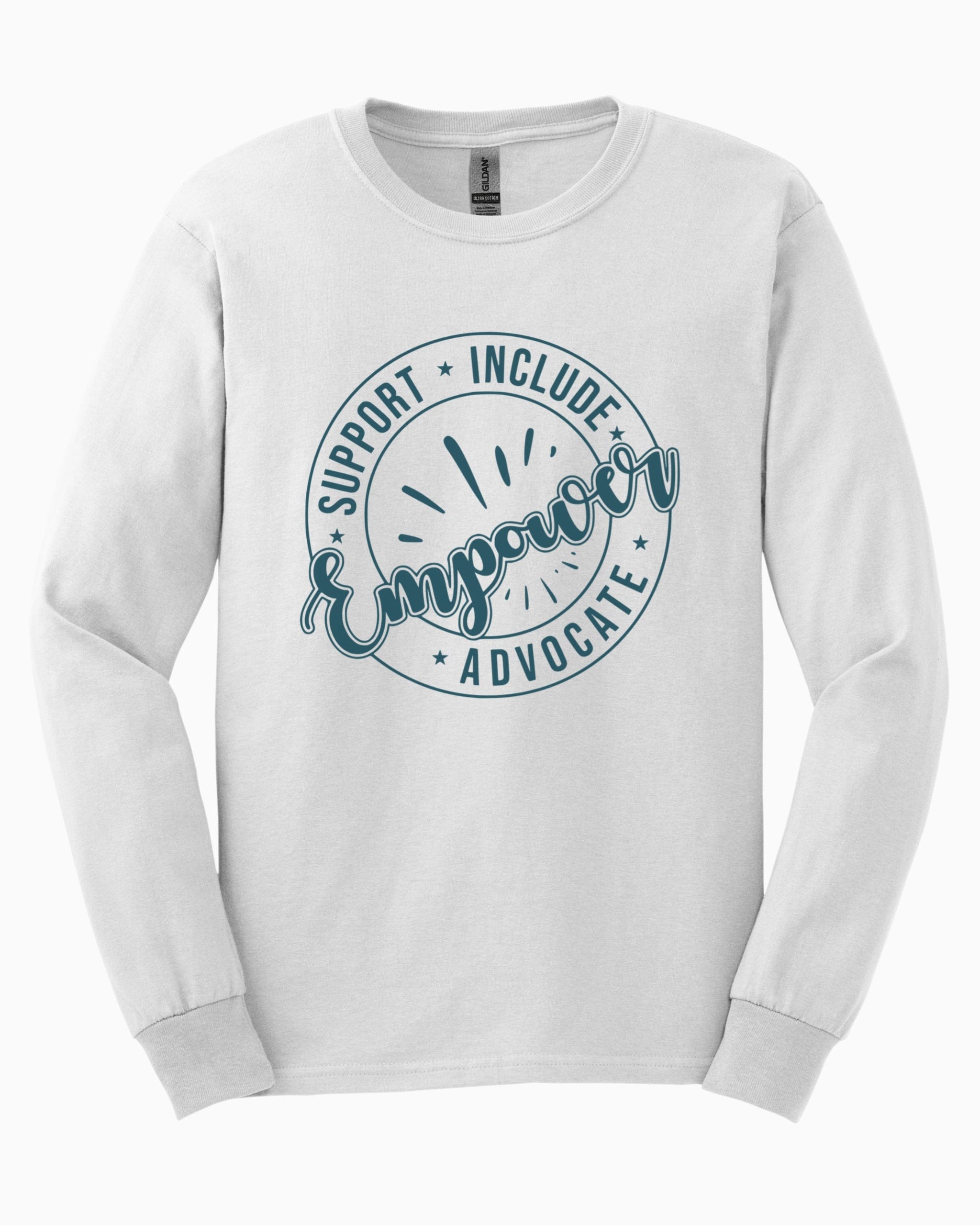 Support Include Advocate Empower Long Sleeve T-Shirt-White-Neurodiversity, ADHD & Autism Awareness & Acceptance Long-sleeve by Daily Bloom