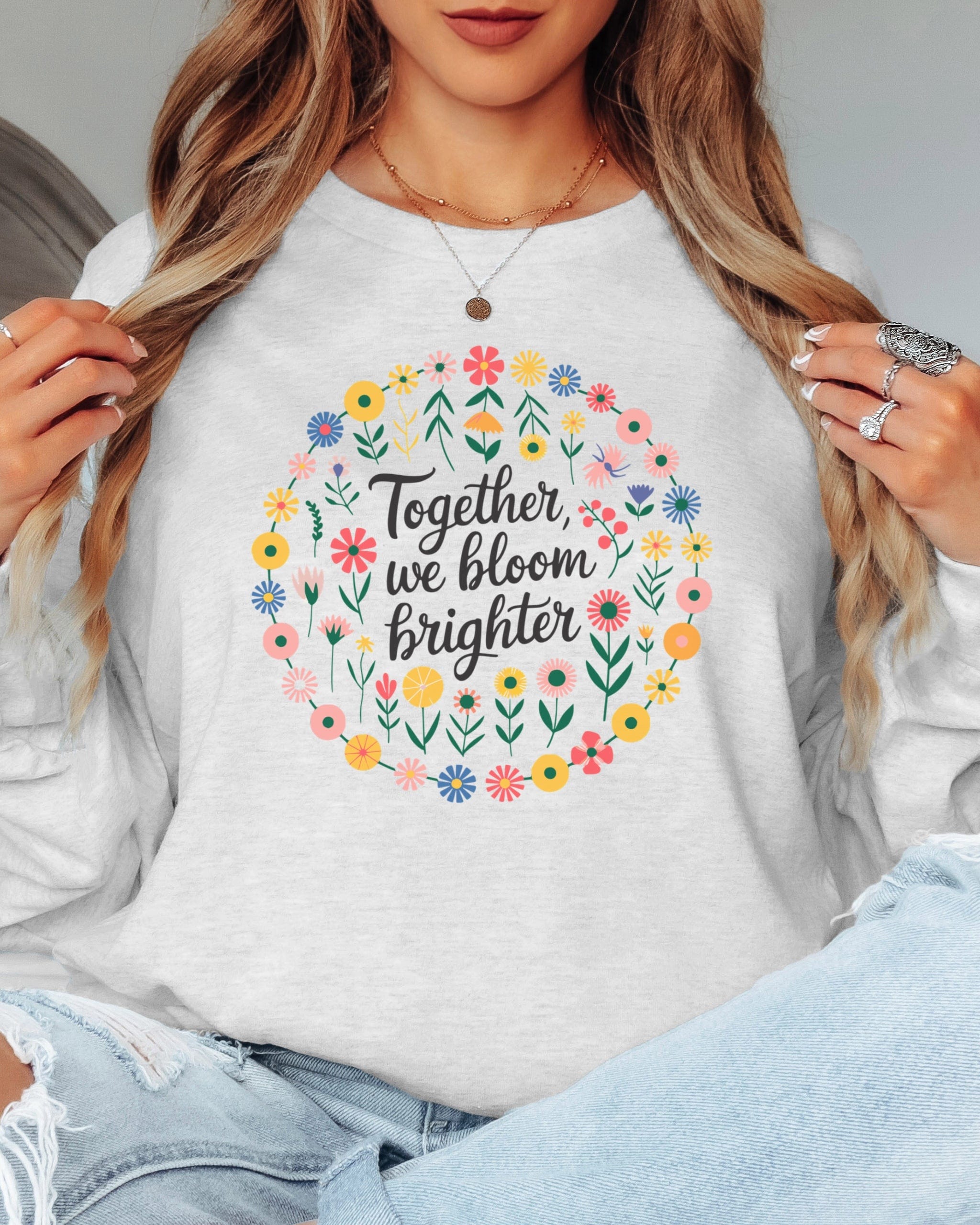 Together We Bloom Brighter Long Sleeve T-Shirt-Neurodiversity, ADHD & Autism Awareness & Acceptance Long-sleeve by Daily Bloom