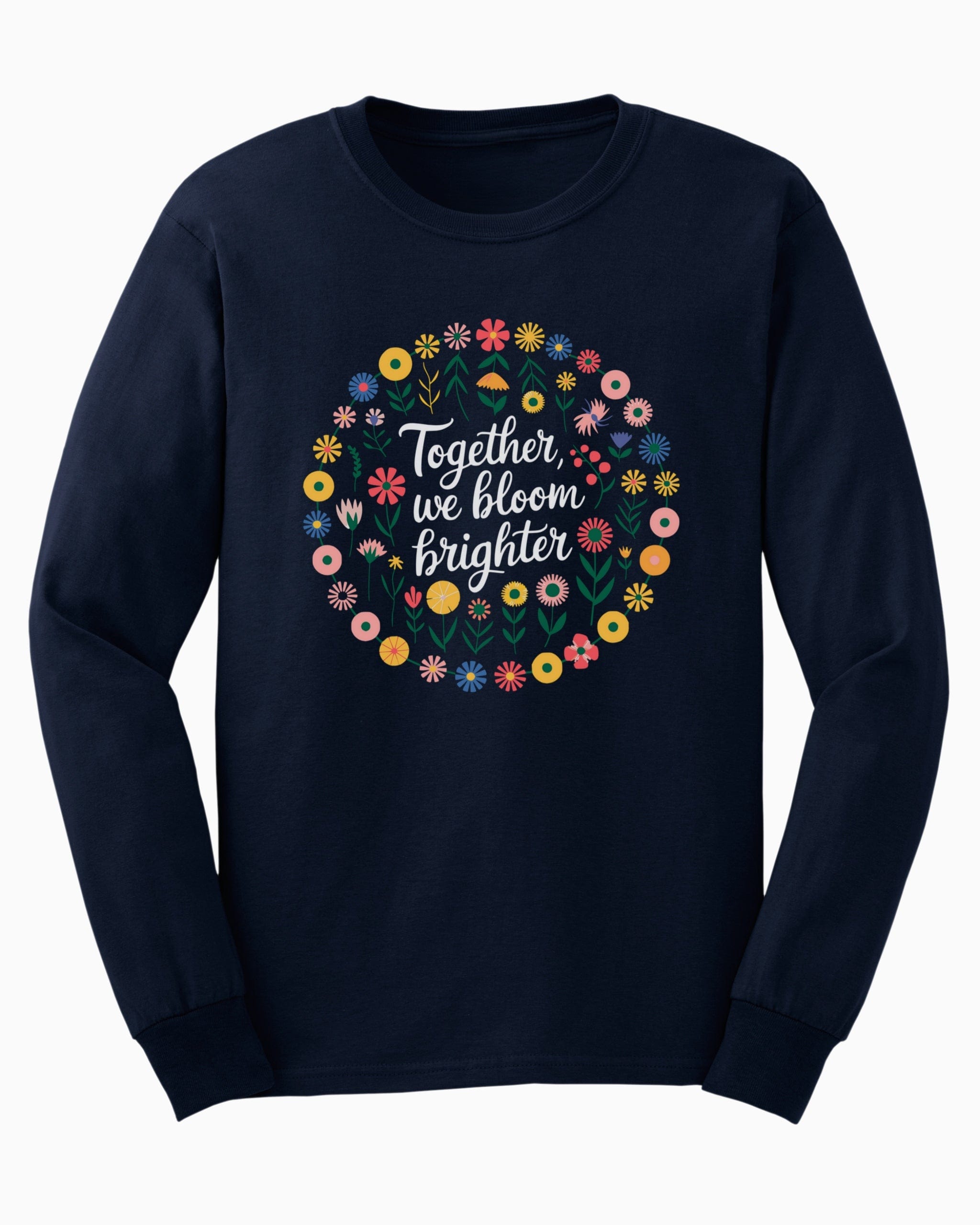 Together We Bloom Brighter Long Sleeve T-Shirt-Navy-Neurodiversity, ADHD & Autism Awareness & Acceptance Long-sleeve by Daily Bloom