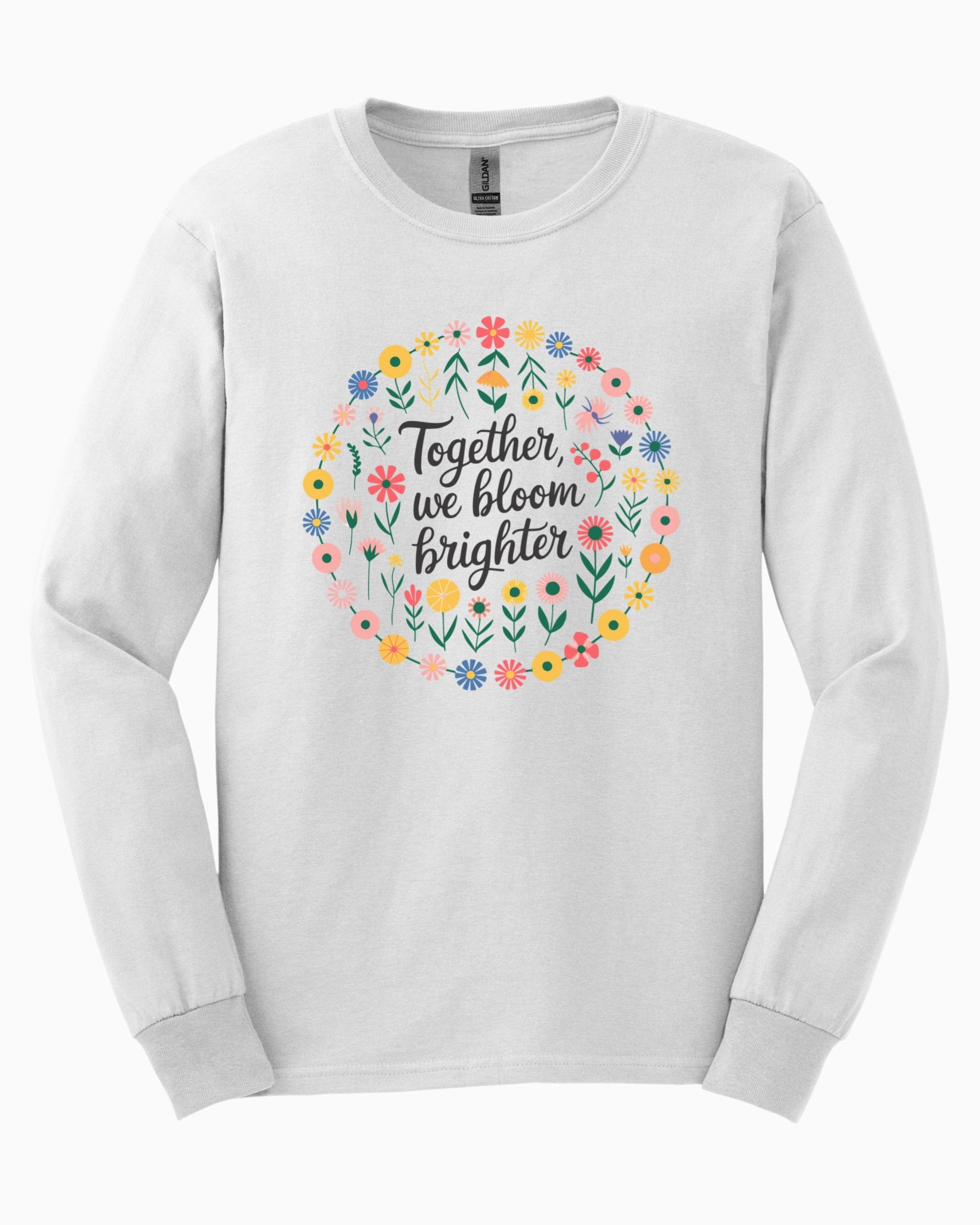 Together We Bloom Brighter Long Sleeve T-Shirt-White-Neurodiversity, ADHD & Autism Awareness & Acceptance Long-sleeve by Daily Bloom