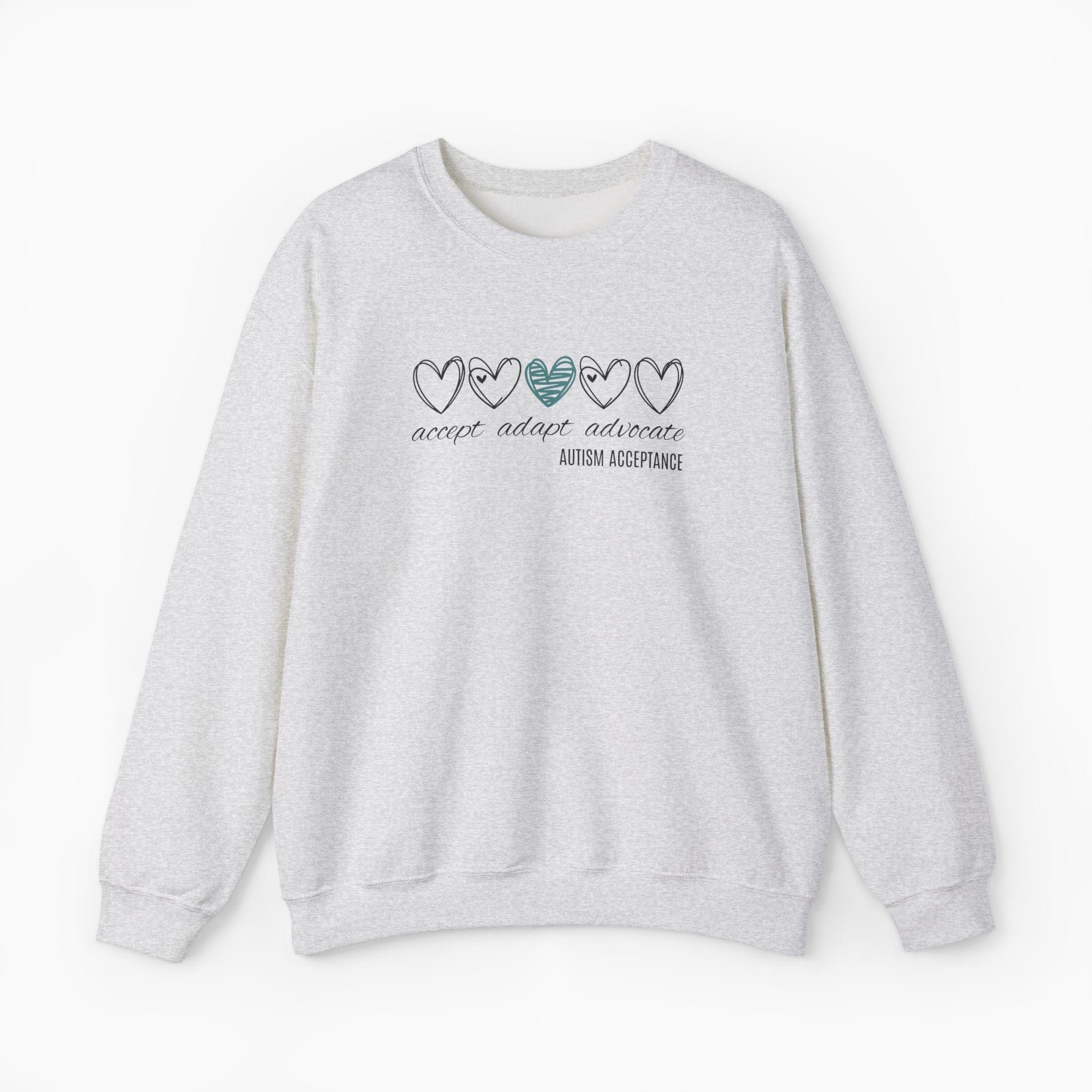 Autism Sweatshirt By Daily Bloom Accept Adapt Advocate Love Hearts Sweatshirt Ash / S
