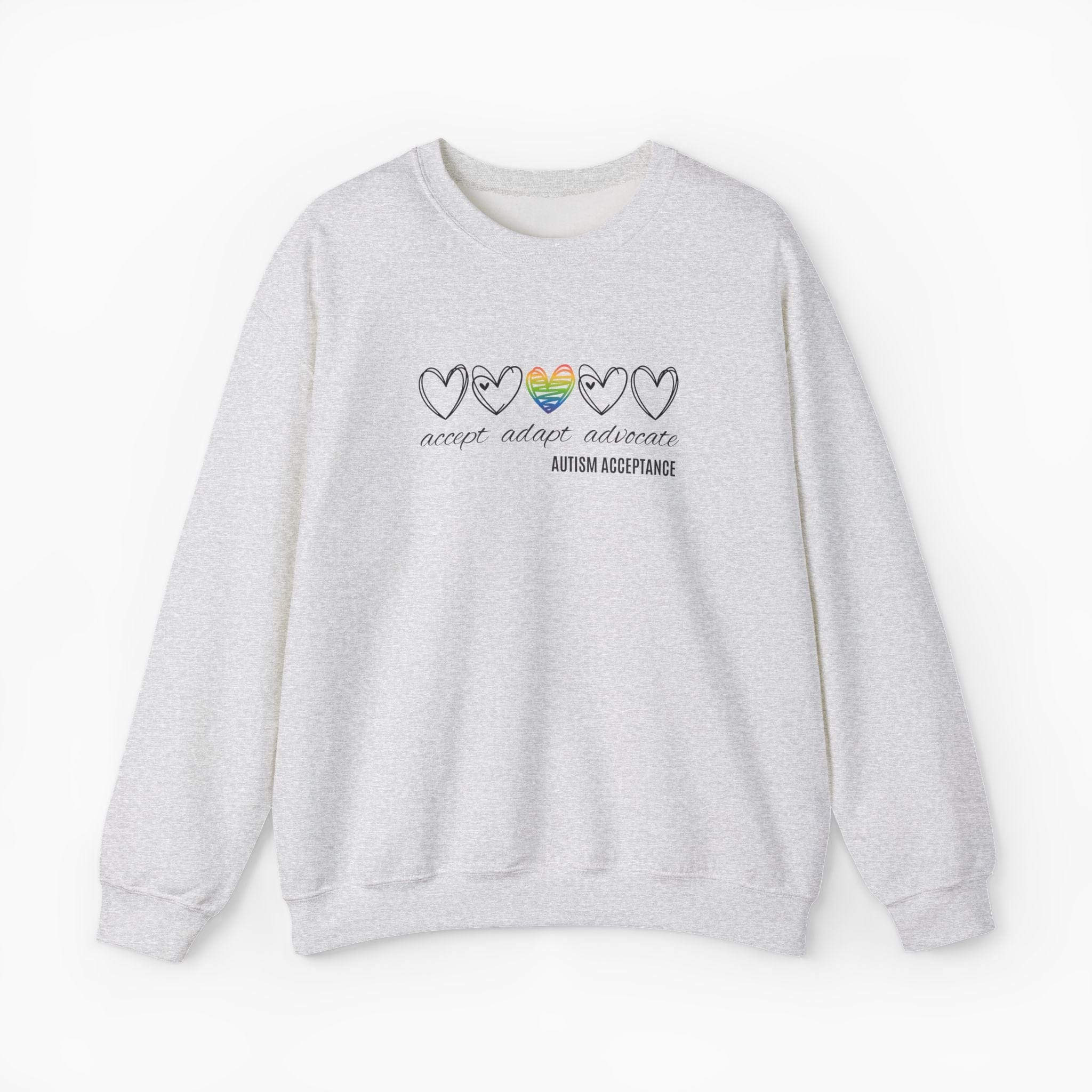 Autism Sweatshirt By Daily Bloom Accept Adapt Advocate Rainbow Love Heart Sweatshirt Ash / S