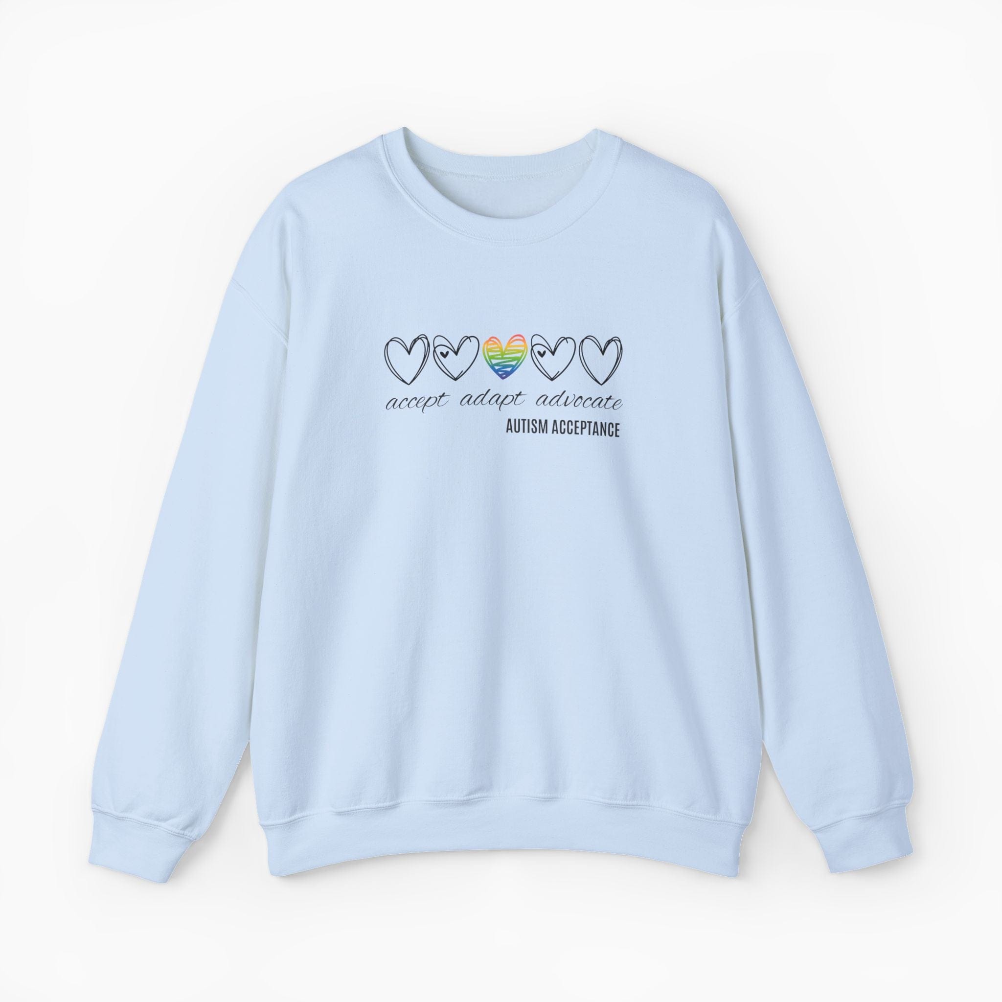 Autism Sweatshirt By Daily Bloom Accept Adapt Advocate Rainbow Love Heart Sweatshirt Light Blue / S