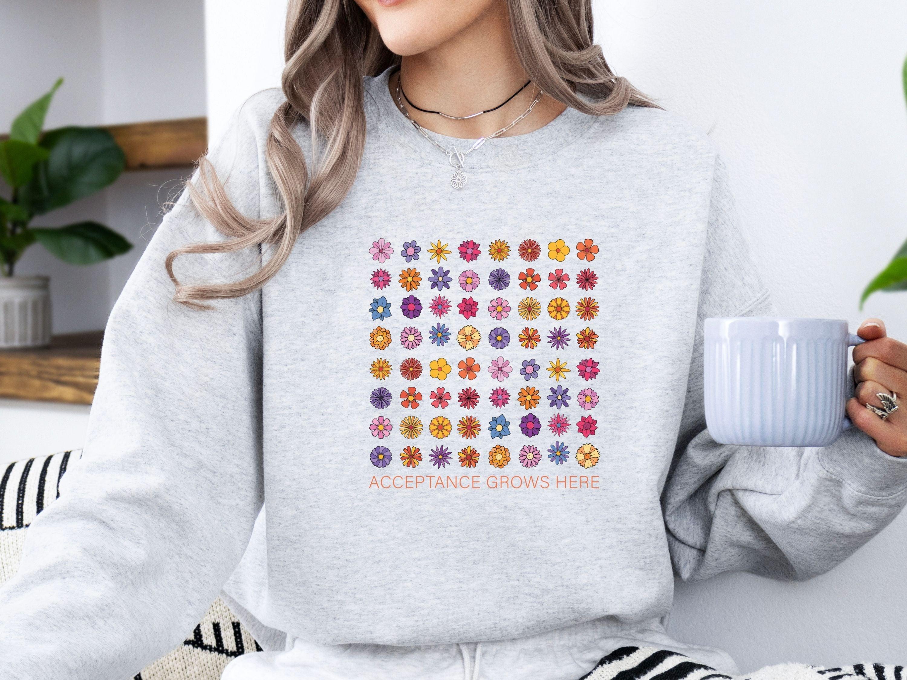 Acceptance Grows Here Flowers Sweatshirt-Neurodiversity, ADHD & Autism Awareness & Acceptance Sweatshirt by Daily Bloom