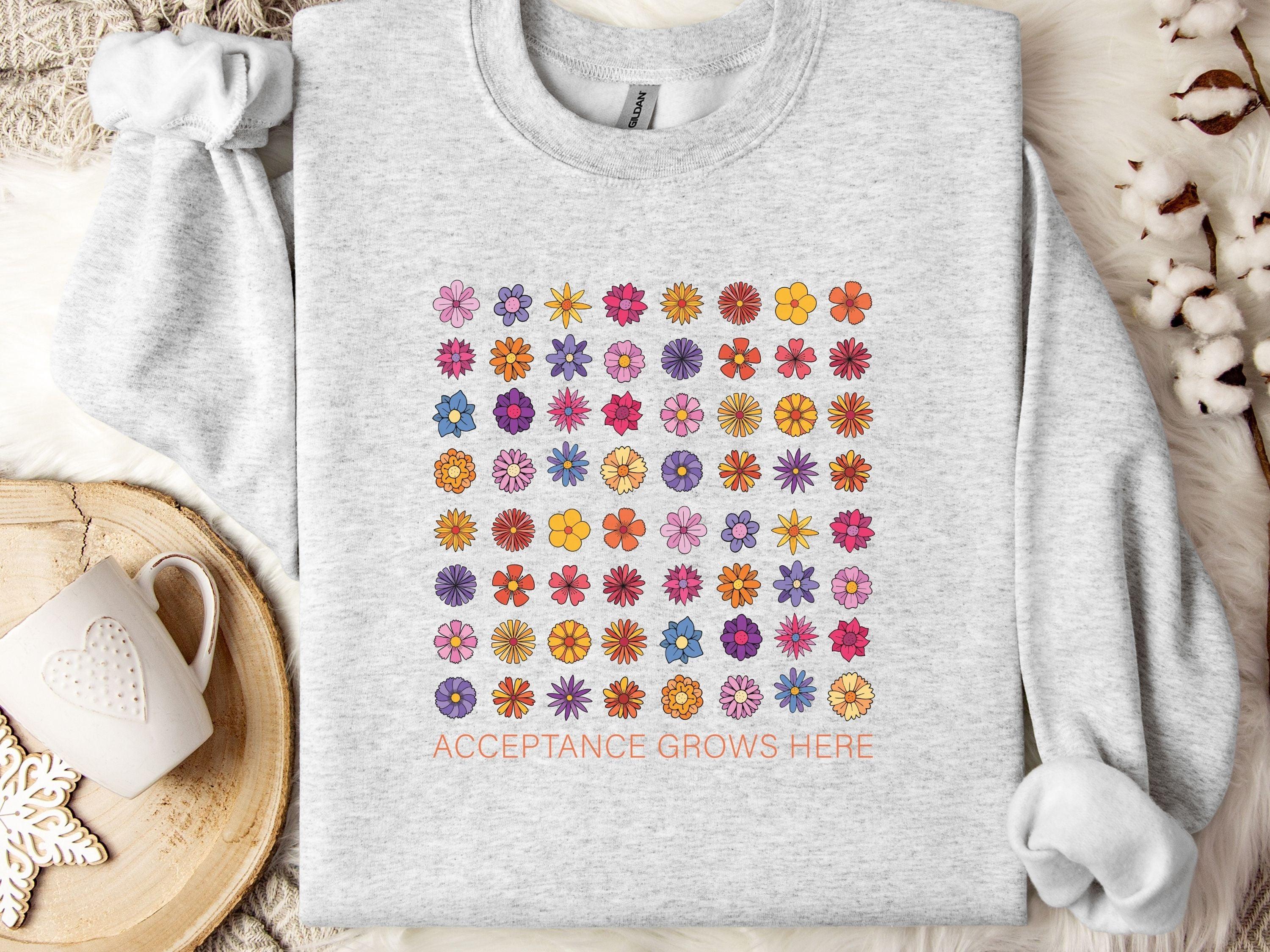 Acceptance Grows Here Flowers Sweatshirt-Ash-Neurodiversity, ADHD & Autism Awareness & Acceptance Sweatshirt by Daily Bloom