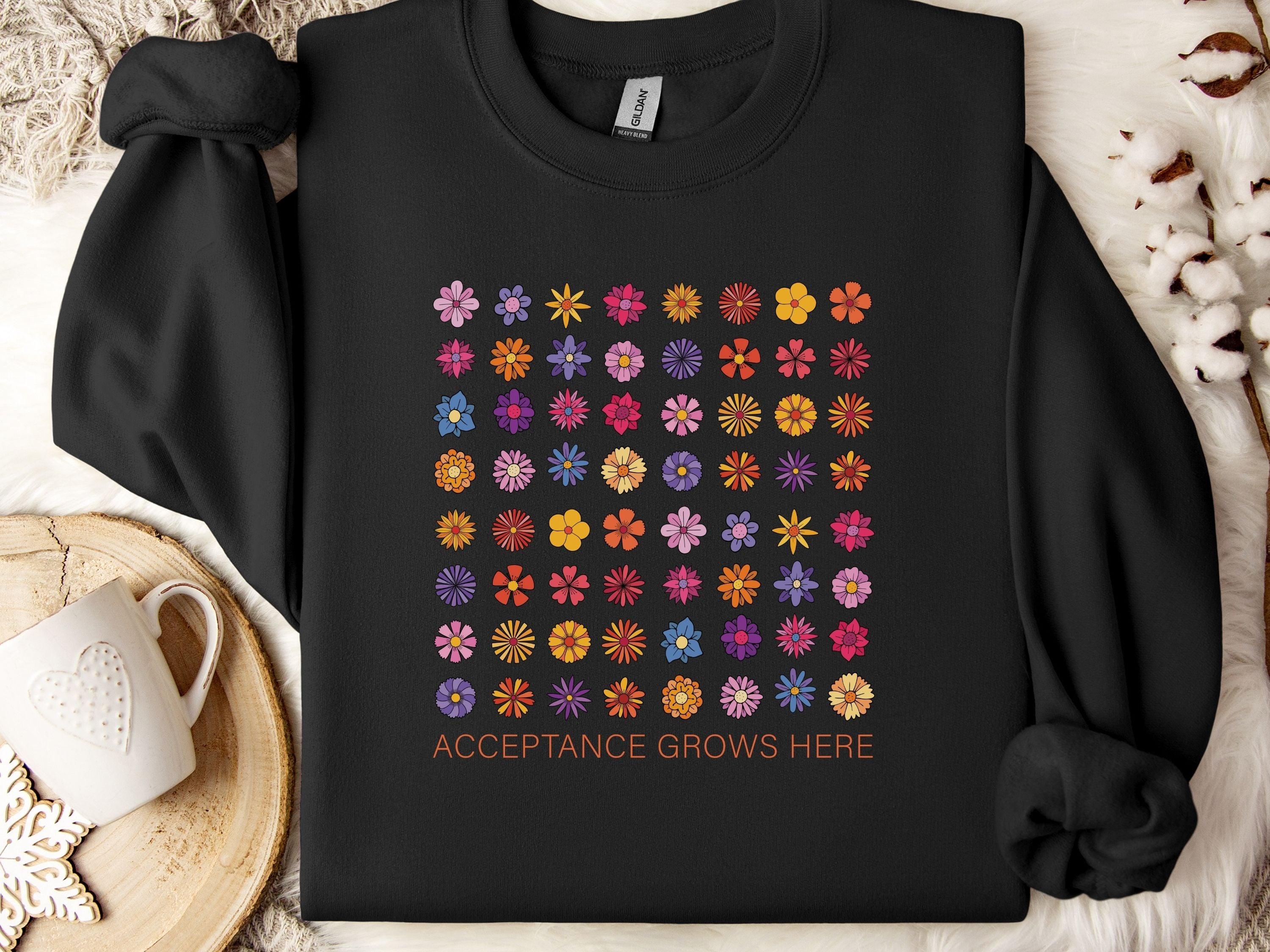 Acceptance Grows Here Flowers Sweatshirt-Black-Neurodiversity, ADHD & Autism Awareness & Acceptance Sweatshirt by Daily Bloom