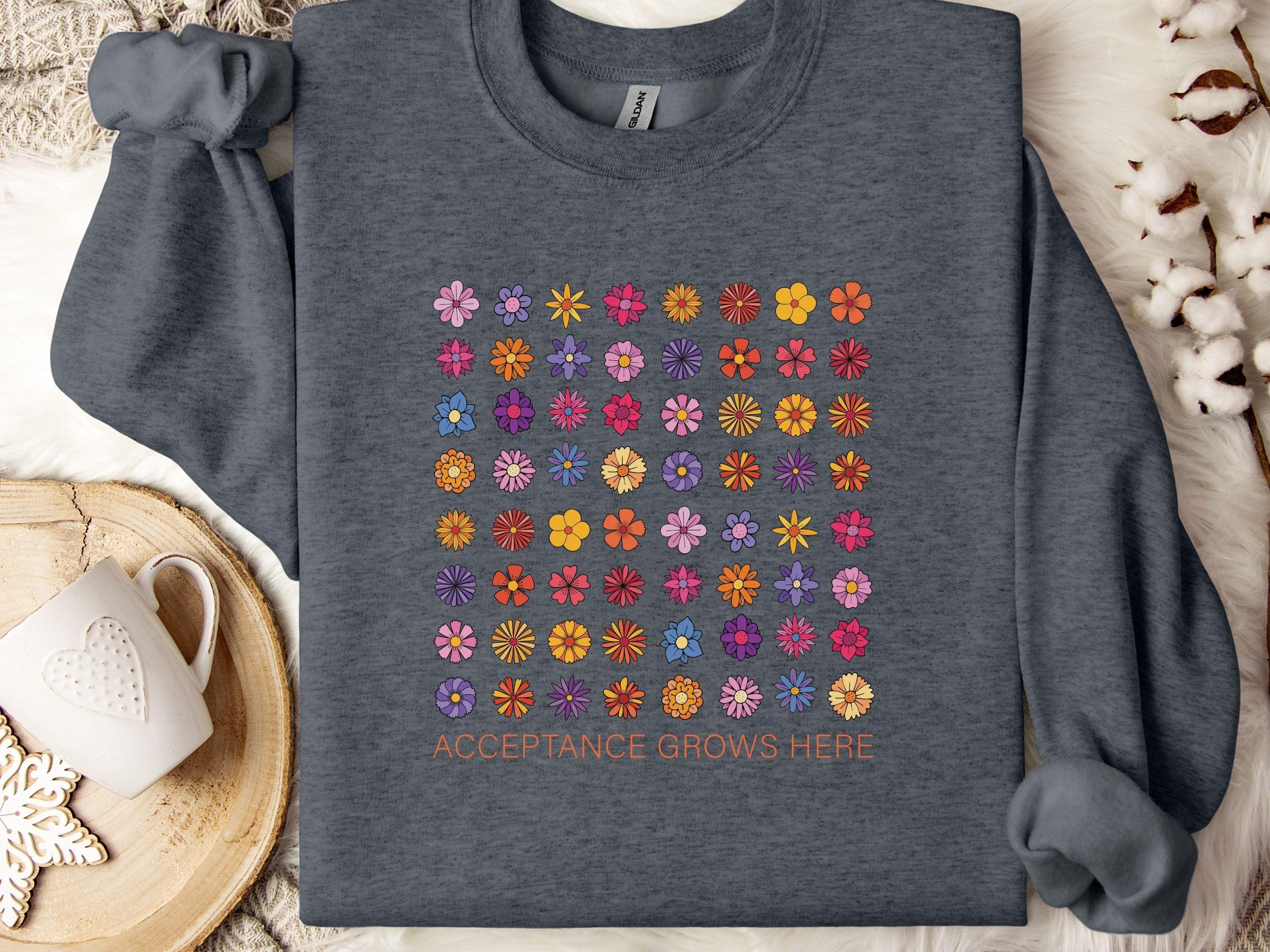 Acceptance Grows Here Flowers Sweatshirt-Dark Heather-Neurodiversity, ADHD & Autism Awareness & Acceptance Sweatshirt by Daily Bloom