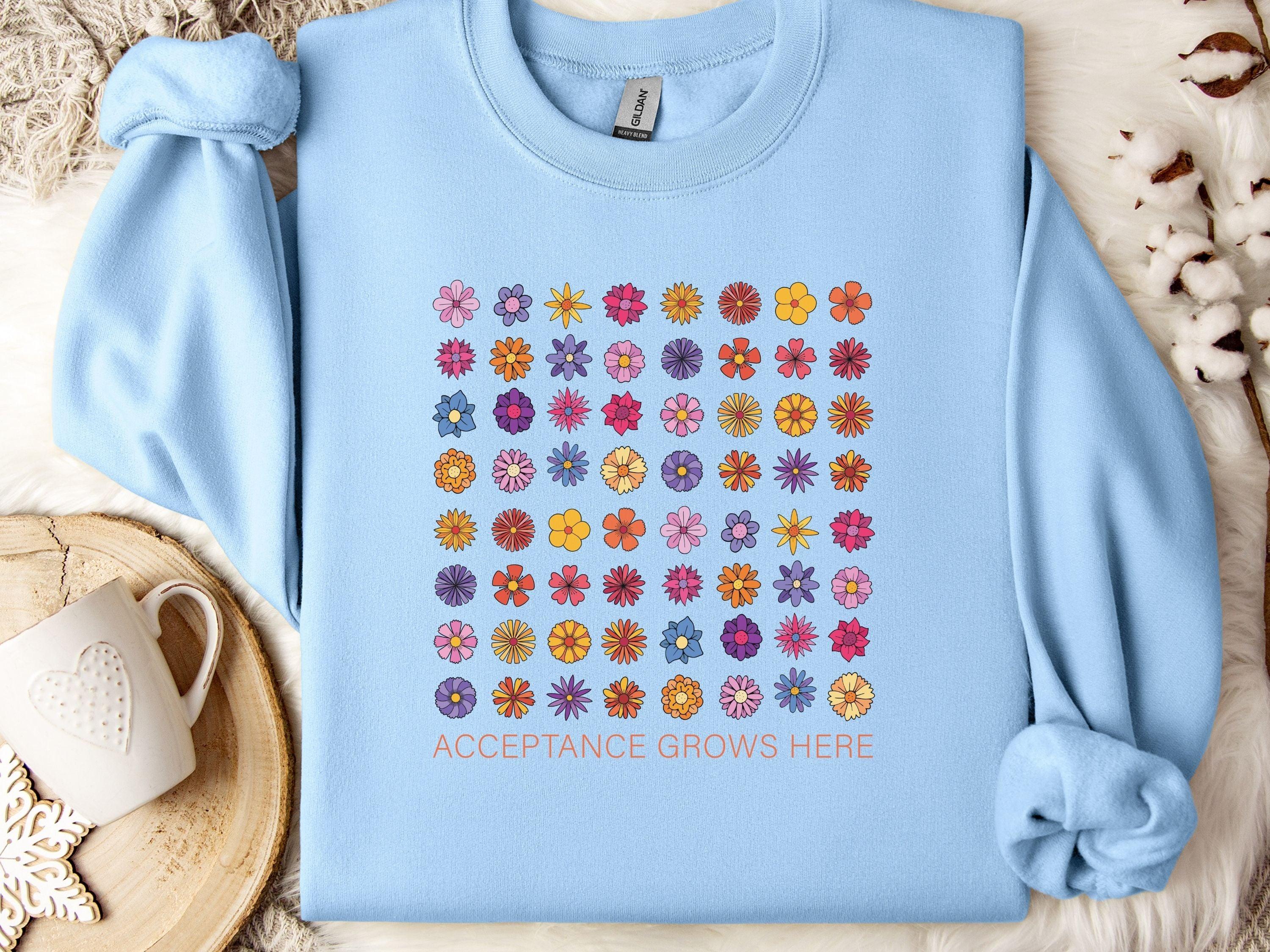 Acceptance Grows Here Flowers Sweatshirt-Light Blue-Neurodiversity, ADHD & Autism Awareness & Acceptance Sweatshirt by Daily Bloom