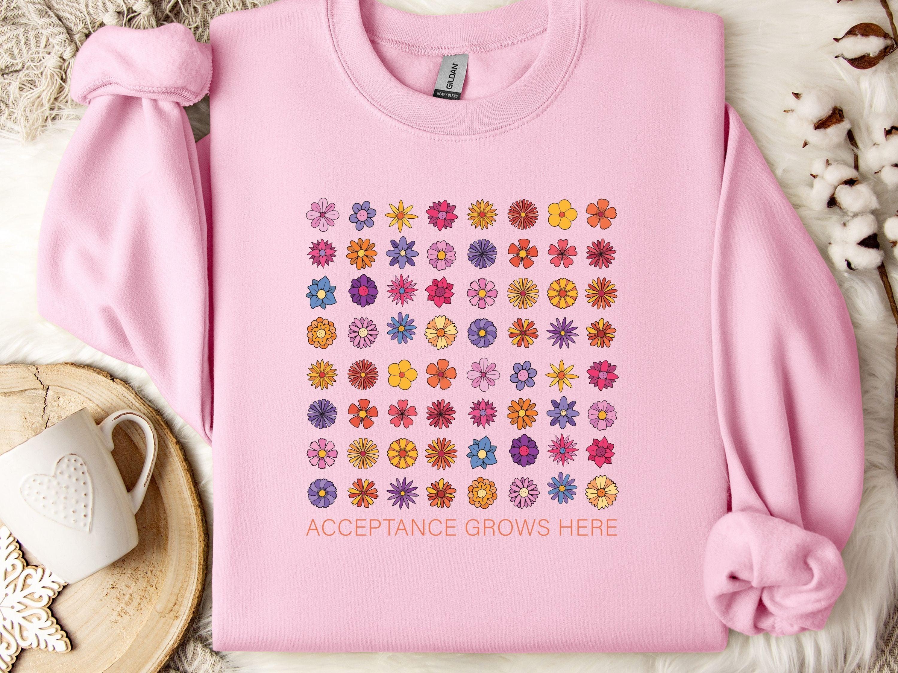 Acceptance Grows Here Flowers Sweatshirt-Light Pink-Neurodiversity, ADHD & Autism Awareness & Acceptance Sweatshirt by Daily Bloom