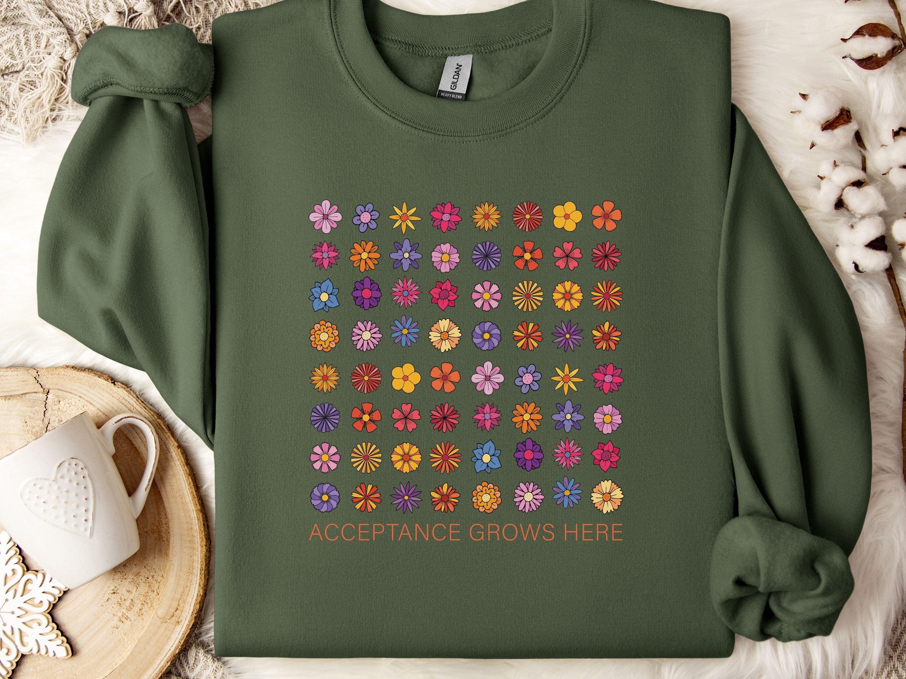 Acceptance Grows Here Flowers Sweatshirt-Military Green-Neurodiversity, ADHD & Autism Awareness & Acceptance Sweatshirt by Daily Bloom