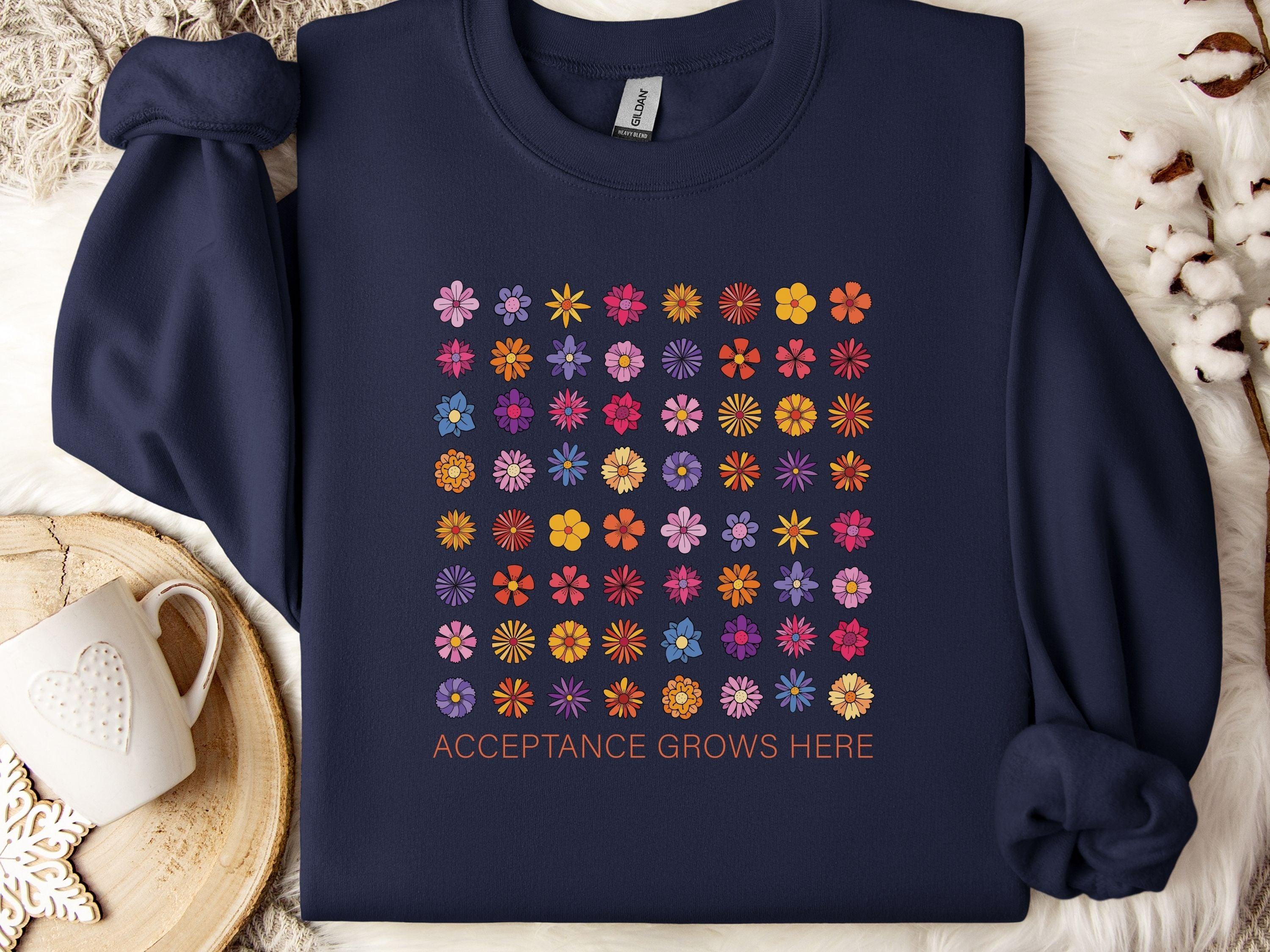 Acceptance Grows Here Flowers Sweatshirt-Navy-Neurodiversity, ADHD & Autism Awareness & Acceptance Sweatshirt by Daily Bloom