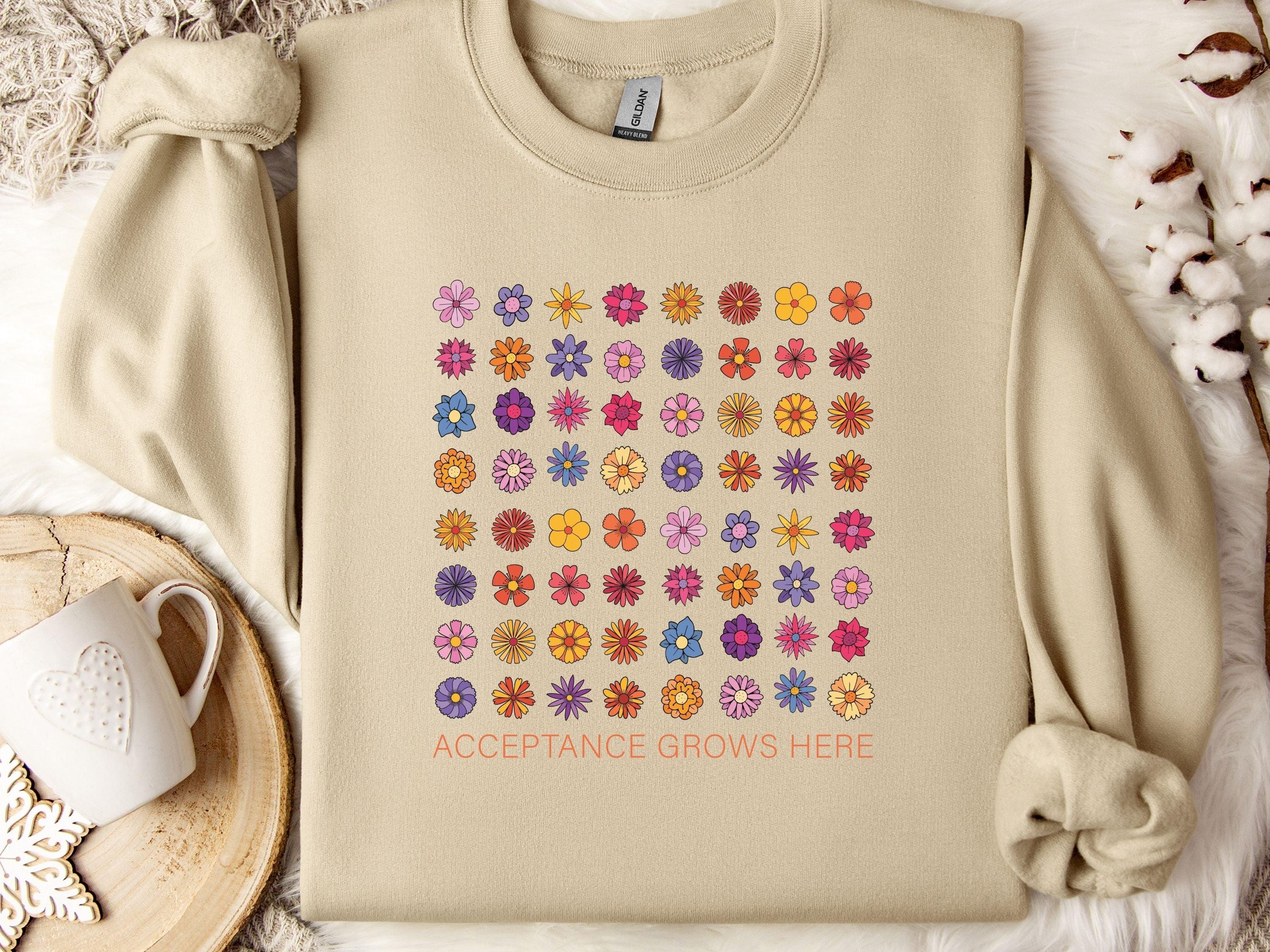 Acceptance Grows Here Flowers Sweatshirt-Sand-Neurodiversity, ADHD & Autism Awareness & Acceptance Sweatshirt by Daily Bloom