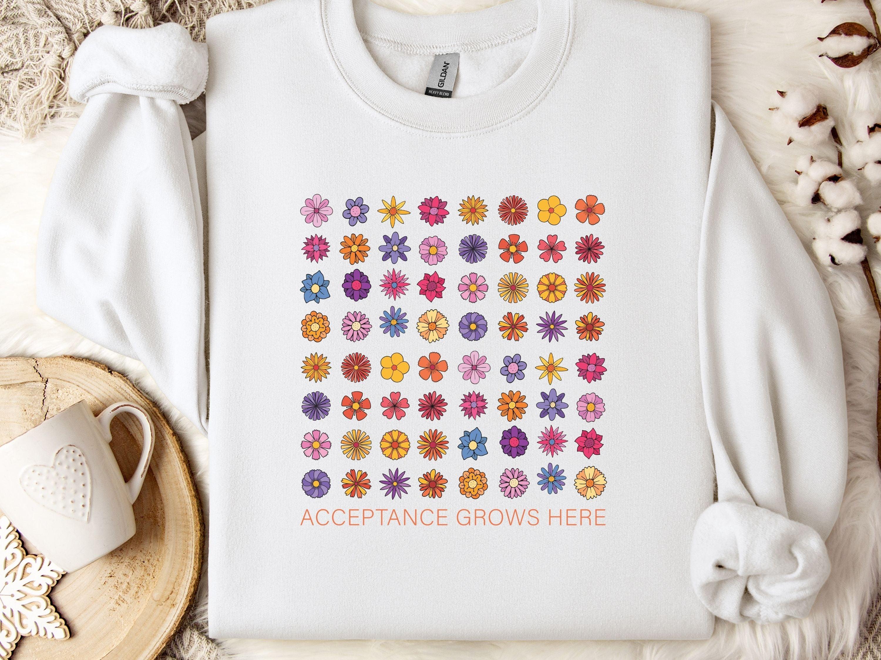 Acceptance Grows Here Flowers Sweatshirt-White-Neurodiversity, ADHD & Autism Awareness & Acceptance Sweatshirt by Daily Bloom