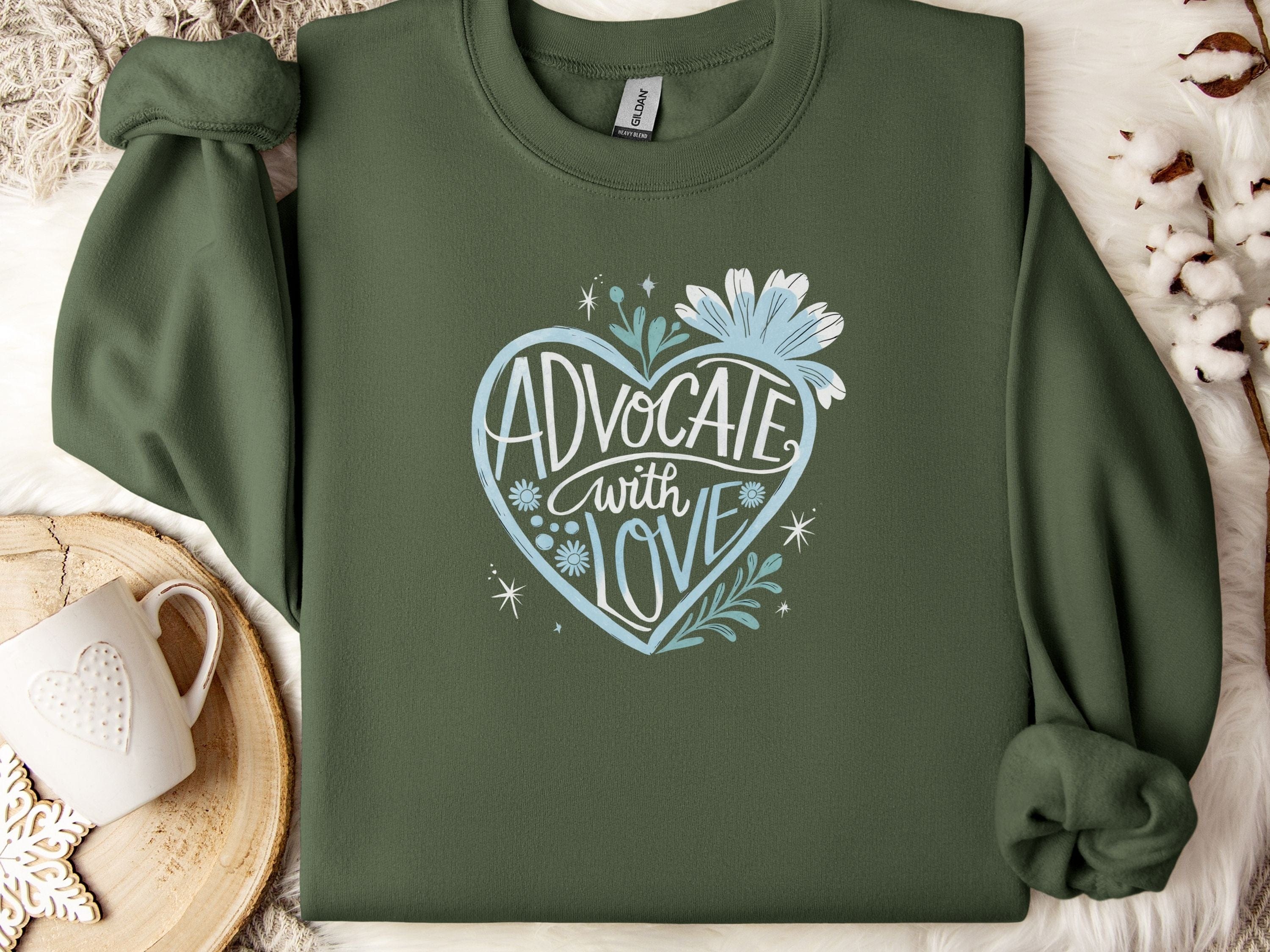 Advocate With Love Sweatshirt-Military Green-Neurodiversity, ADHD & Autism Awareness & Acceptance Sweatshirt by Daily Bloom