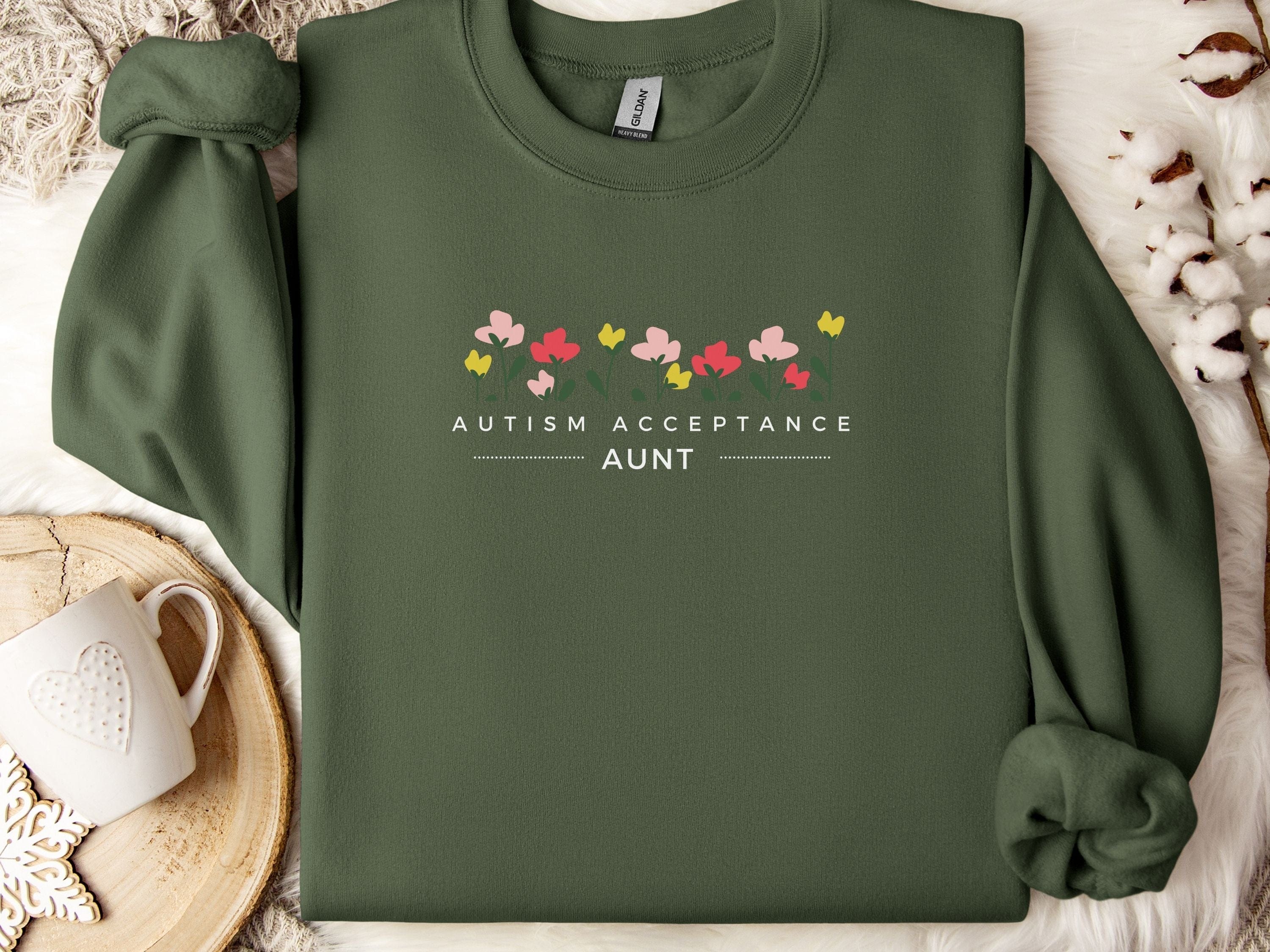 Autism Acceptance Aunt Sweatshirt-Military Green-Neurodiversity, ADHD & Autism Awareness & Acceptance Sweatshirt by Daily Bloom