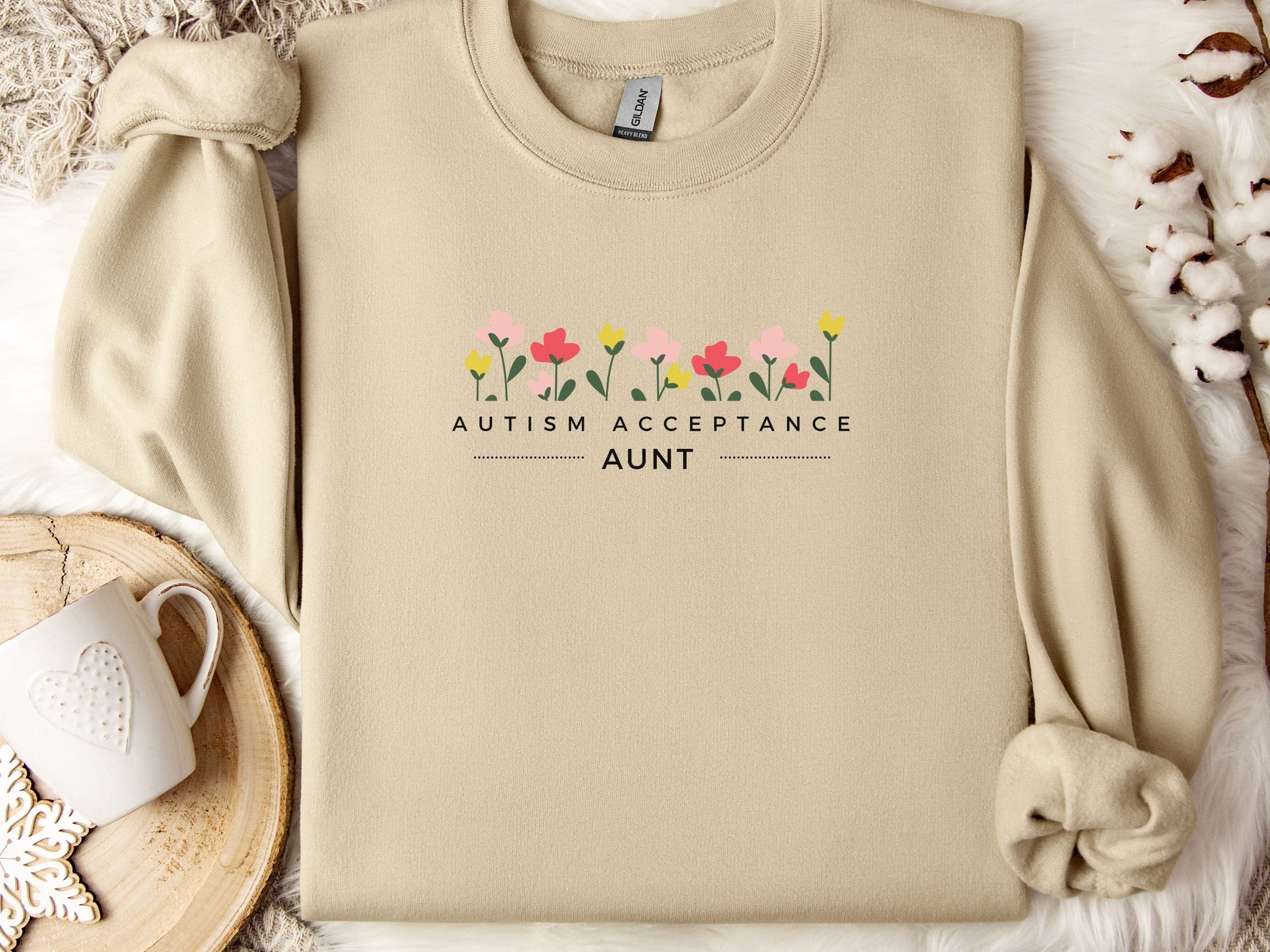 Autism Acceptance Aunt Sweatshirt-Sand-Neurodiversity, ADHD & Autism Awareness & Acceptance Sweatshirt by Daily Bloom