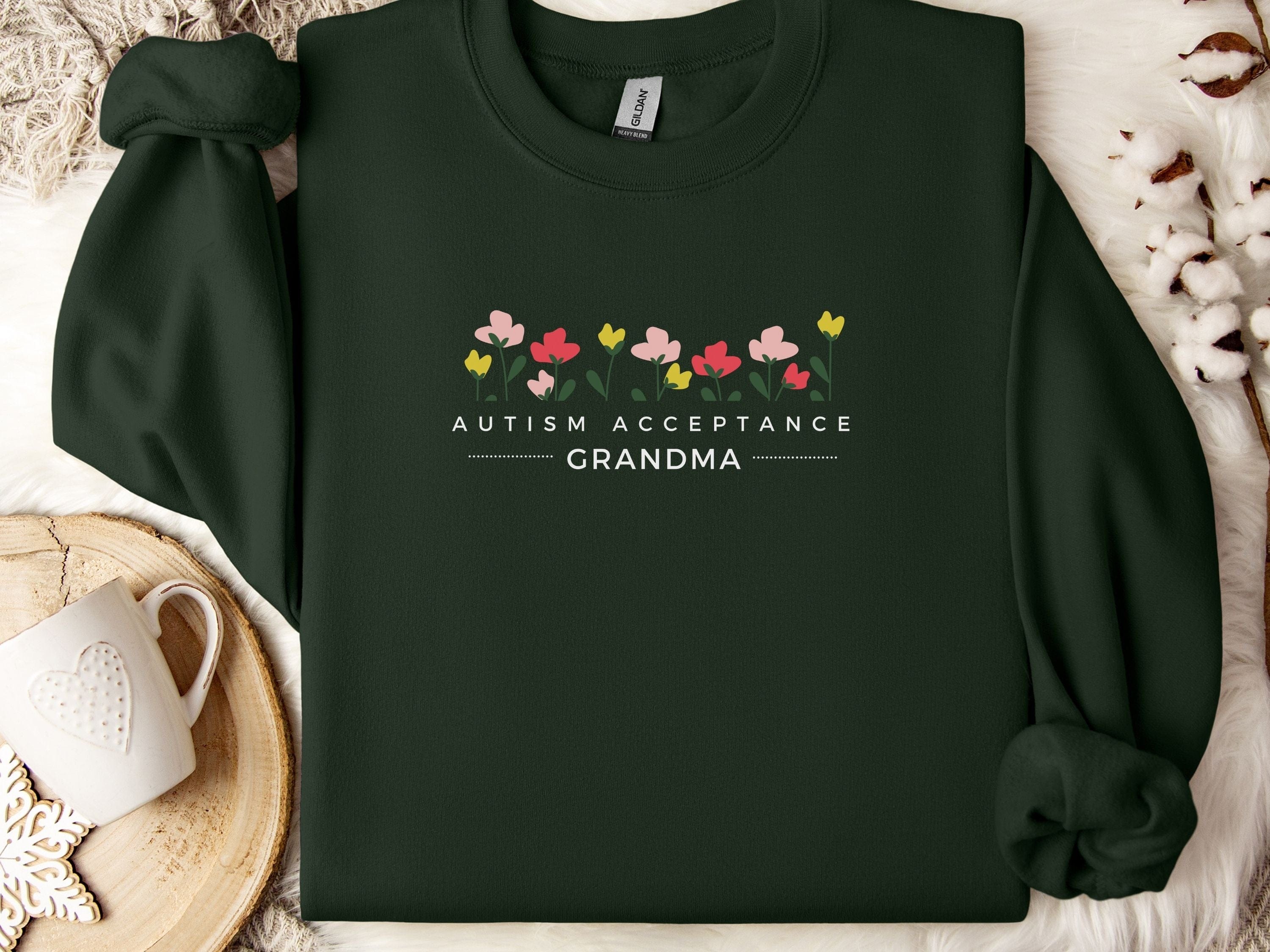 Autism Acceptance Grandma Sweatshirt-Forest Green-Neurodiversity, ADHD & Autism Awareness & Acceptance Sweatshirt by Daily Bloom