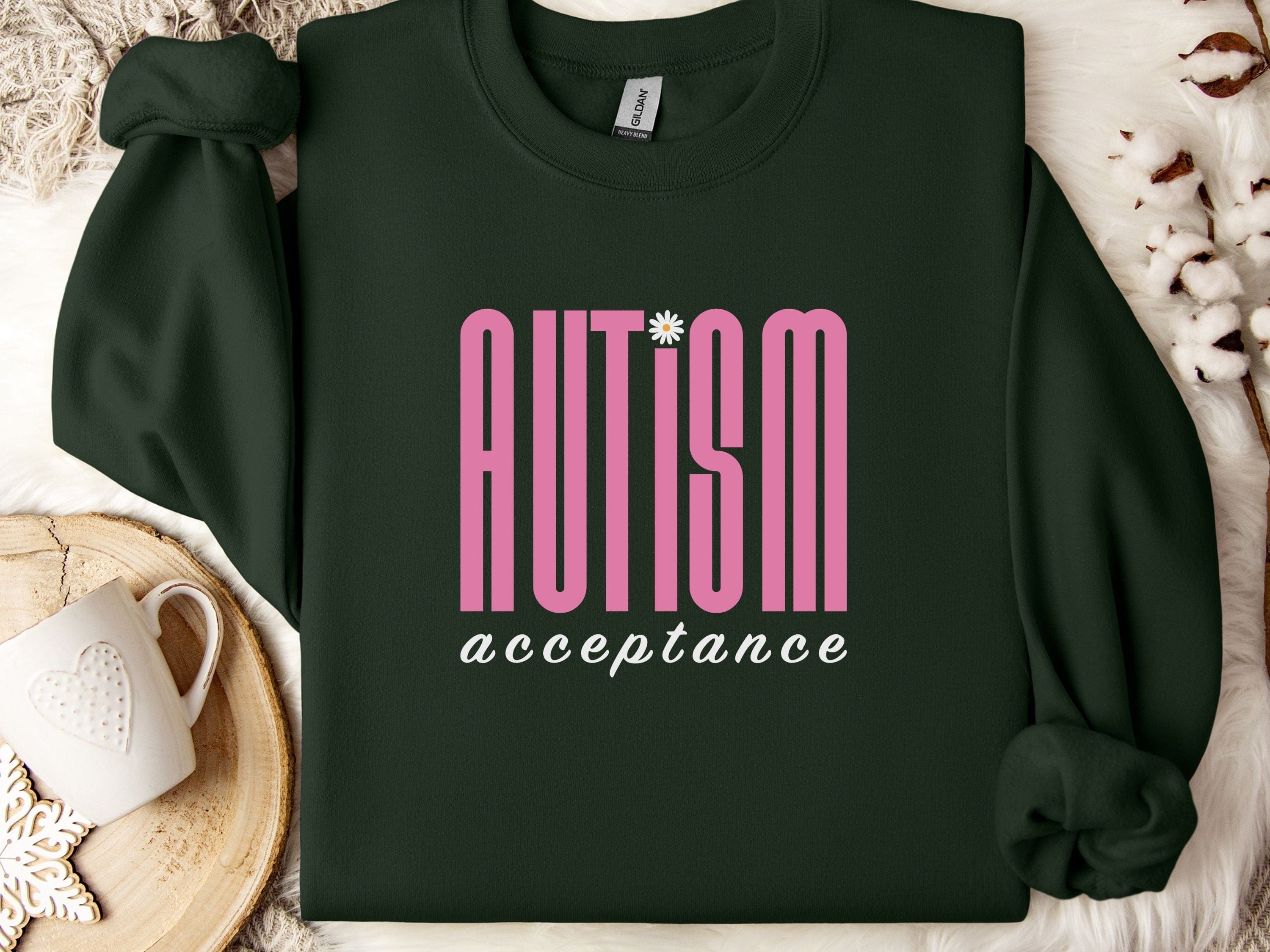 Autism Acceptance Retro Pink Sweatshirt-Forest Green-Neurodiversity, ADHD & Autism Awareness & Acceptance Sweatshirt by Daily Bloom