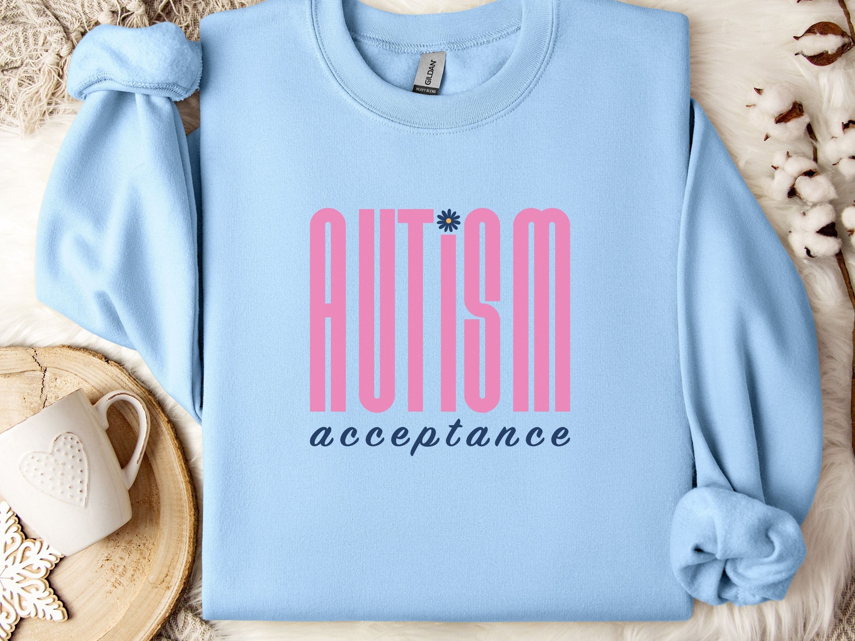 Autism Acceptance Retro Pink Sweatshirt-Light Blue-Neurodiversity, ADHD & Autism Awareness & Acceptance Sweatshirt by Daily Bloom