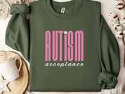 Autism Acceptance Retro Pink Sweatshirt-Military Green-Neurodiversity, ADHD & Autism Awareness & Acceptance Sweatshirt by Daily Bloom