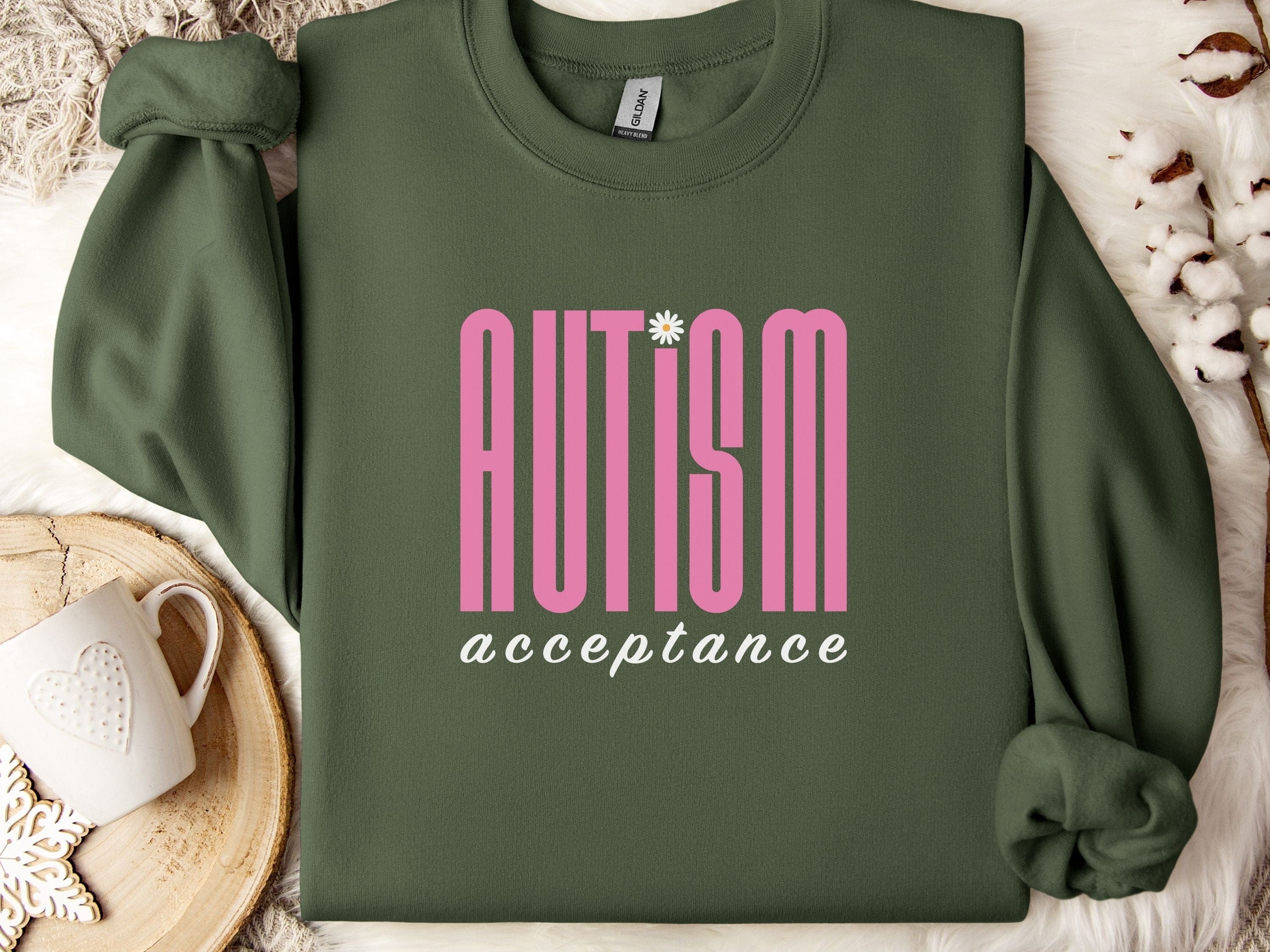 Autism Acceptance Retro Pink Sweatshirt-Military Green-Neurodiversity, ADHD & Autism Awareness & Acceptance Sweatshirt by Daily Bloom