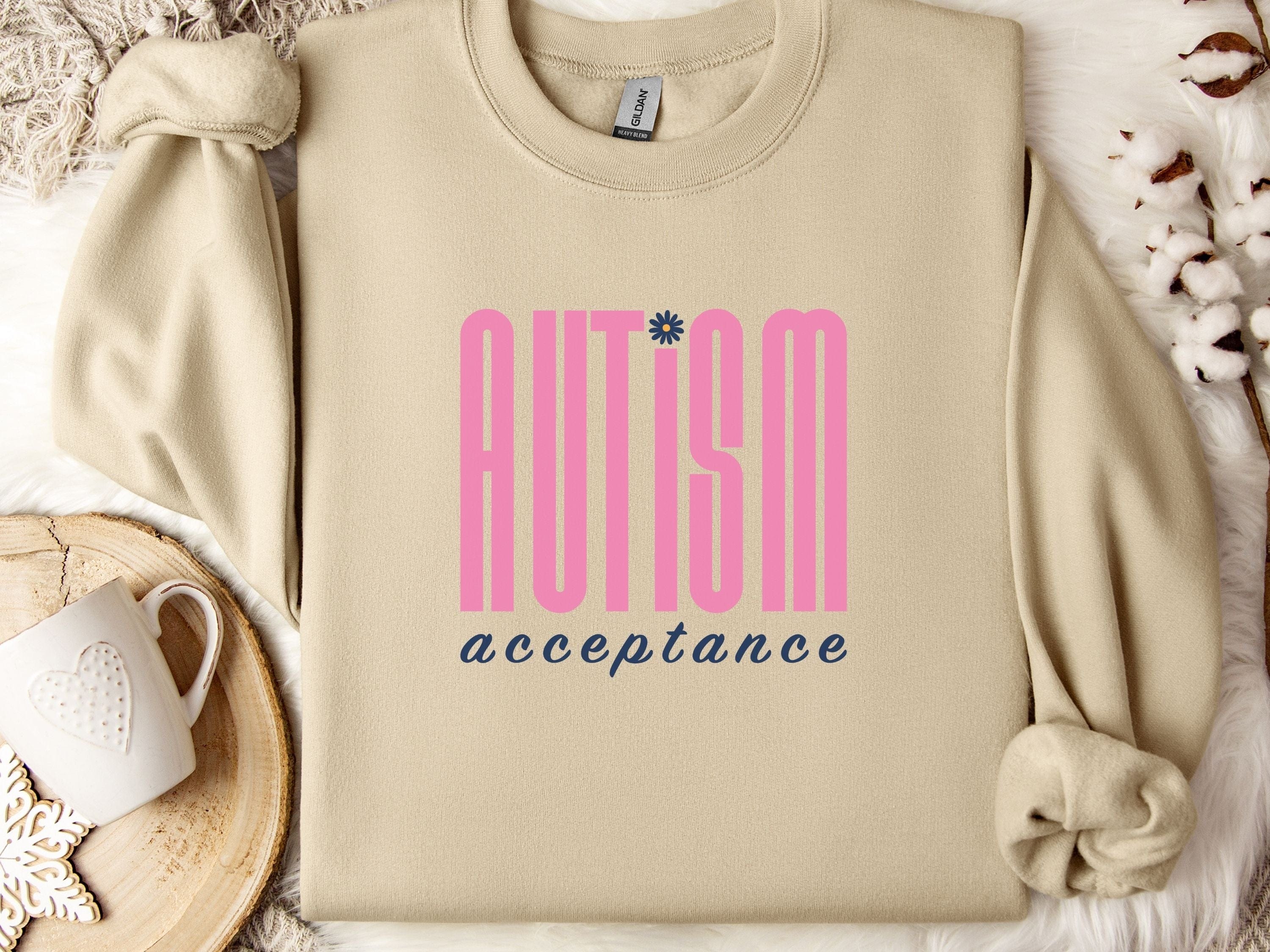 Autism Acceptance Retro Pink Sweatshirt-Sand-Neurodiversity, ADHD & Autism Awareness & Acceptance Sweatshirt by Daily Bloom