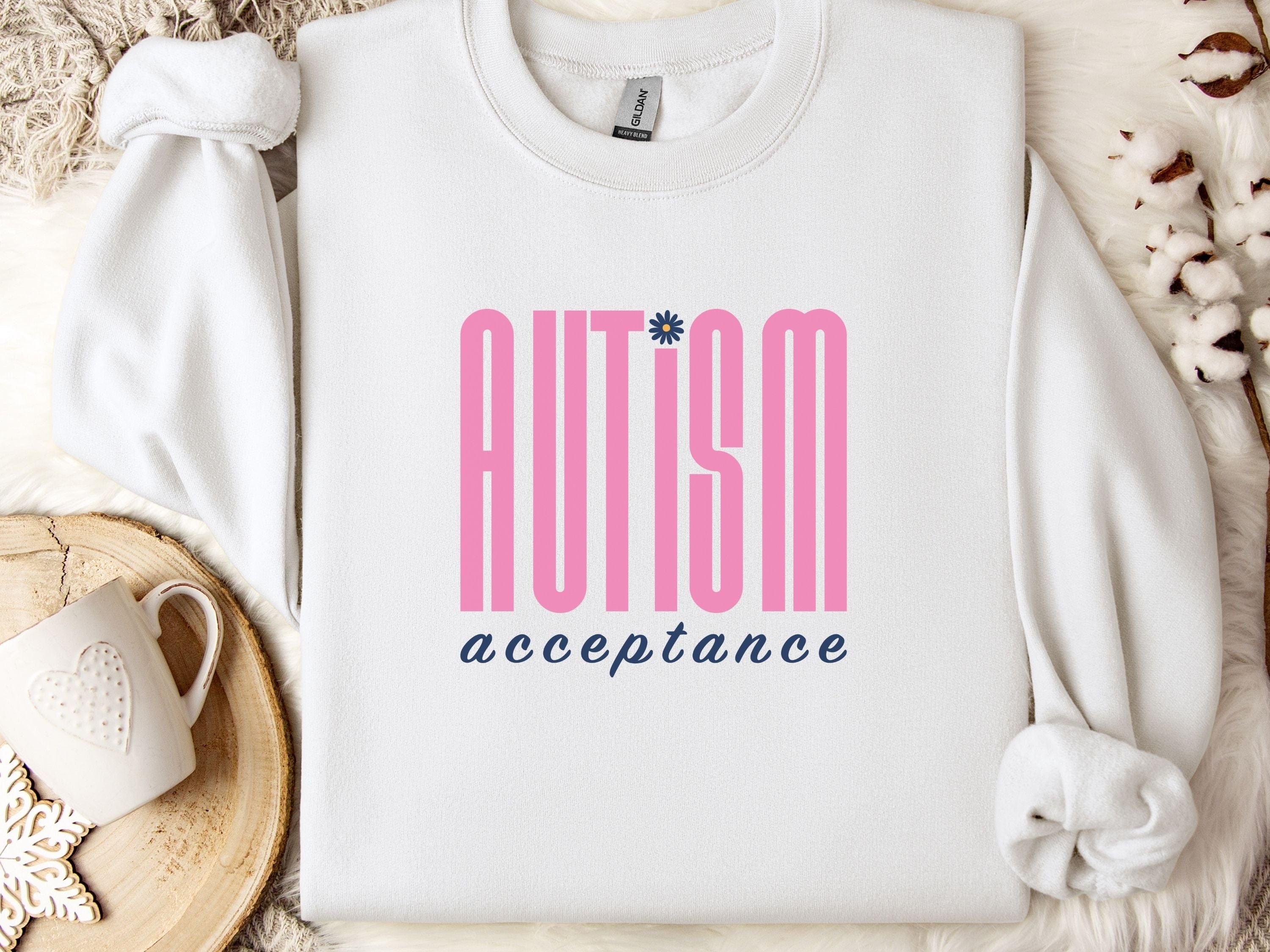 Autism Acceptance Retro Pink Sweatshirt-White-Neurodiversity, ADHD & Autism Awareness & Acceptance Sweatshirt by Daily Bloom
