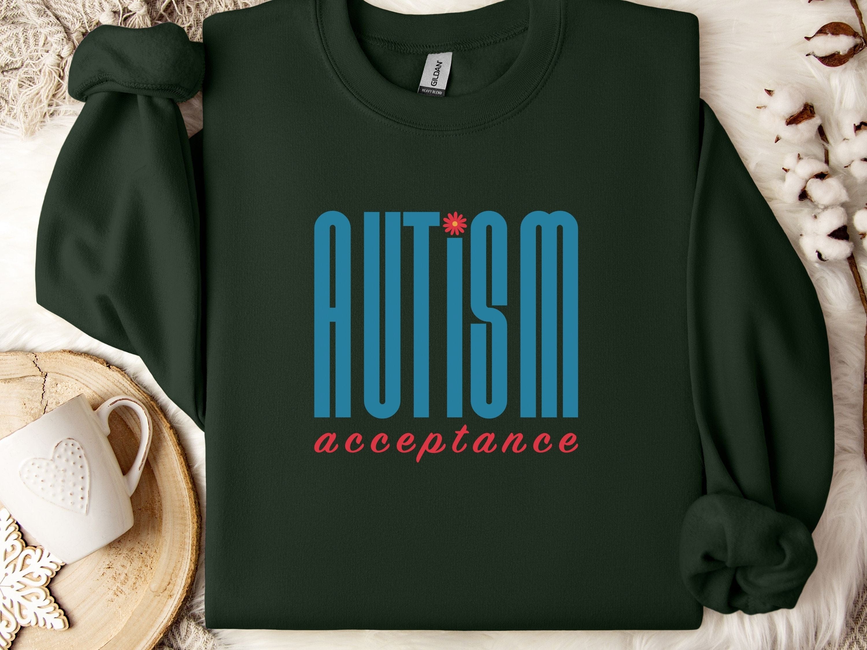 Autism Acceptance Retro Blue Sweatshirt-Forest Green-Neurodiversity, ADHD & Autism Awareness & Acceptance Sweatshirt by Daily Bloom