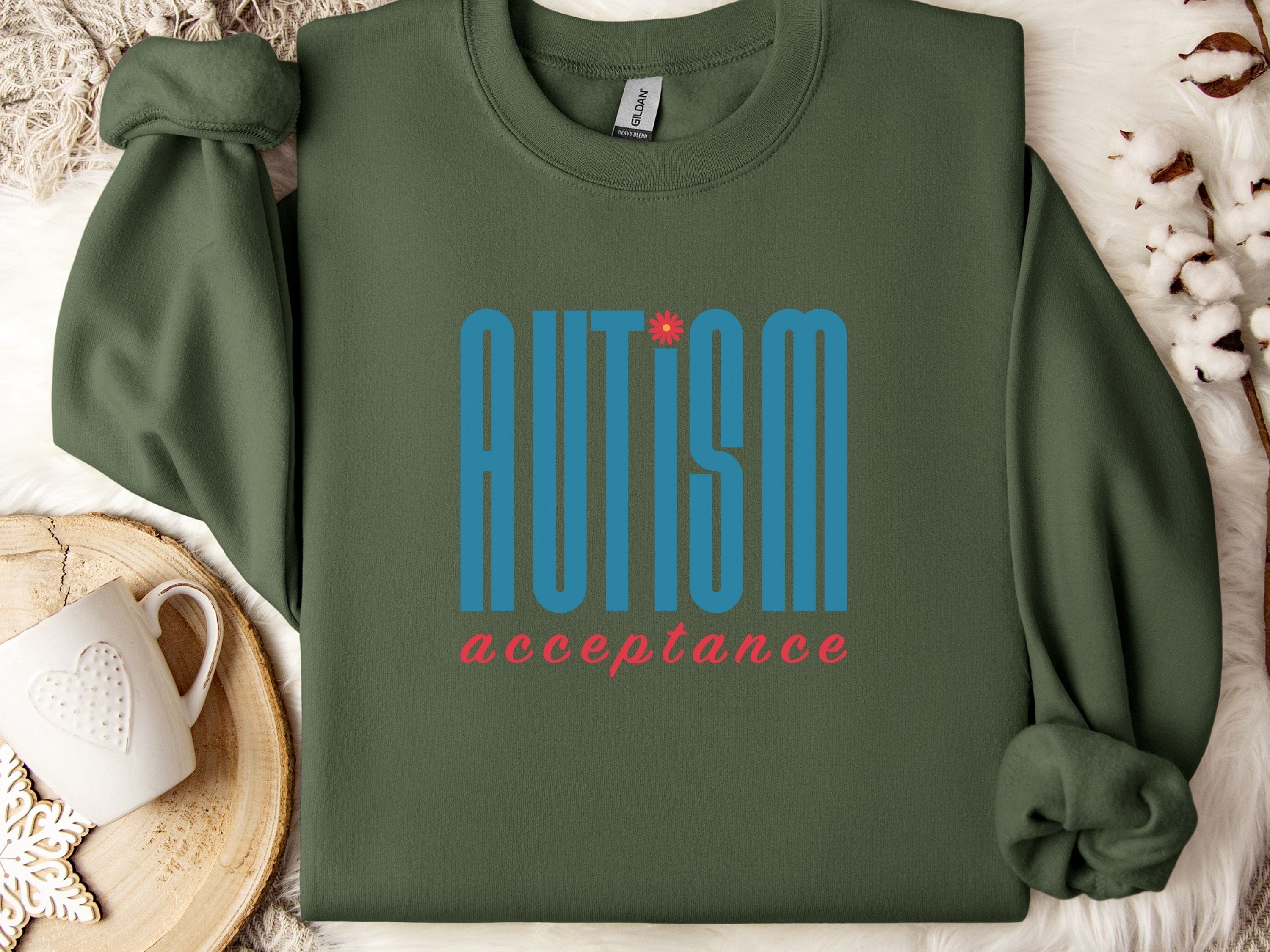 Autism Acceptance Retro Blue Sweatshirt-Military Green-Neurodiversity, ADHD & Autism Awareness & Acceptance Sweatshirt by Daily Bloom