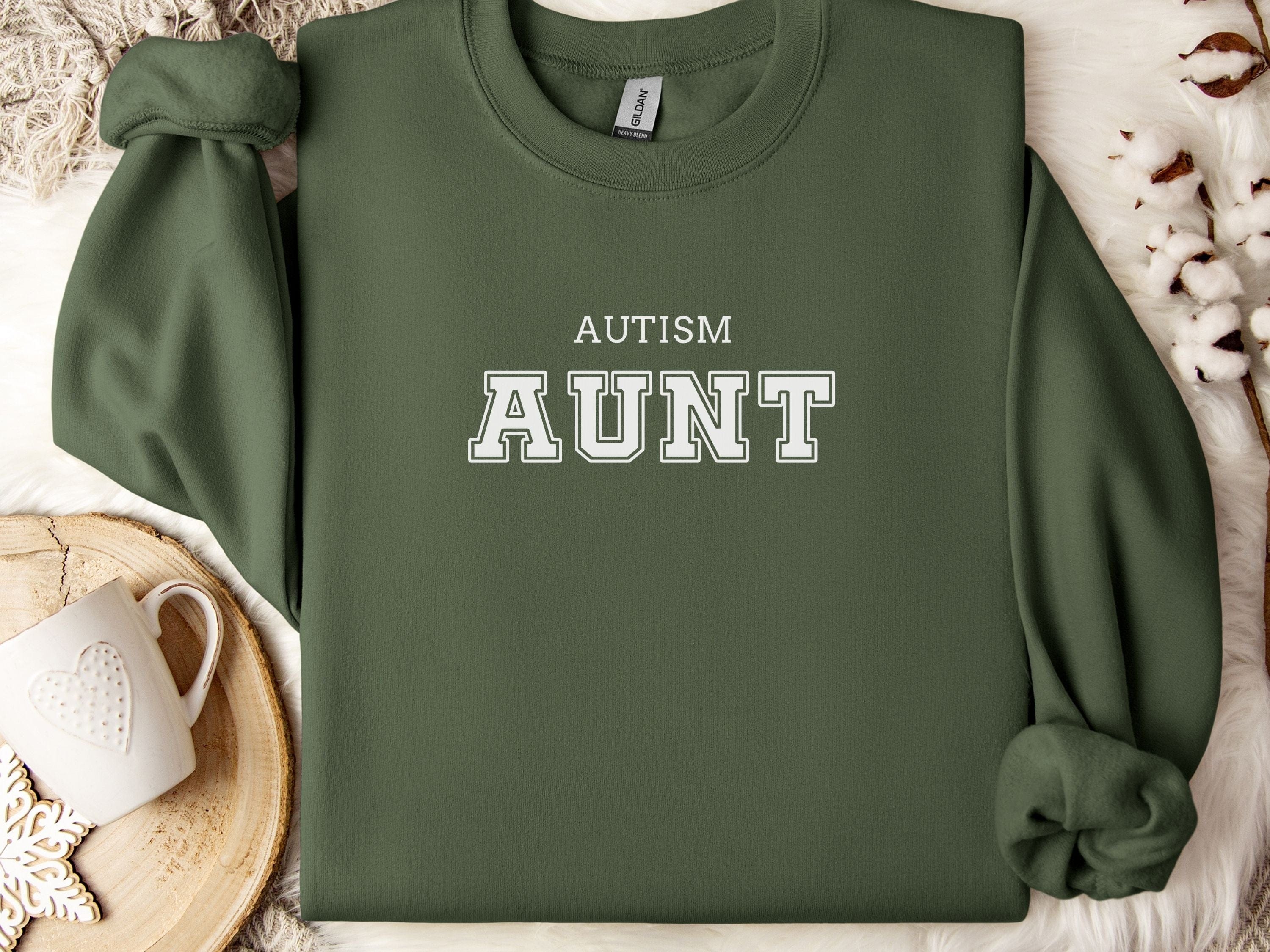 Autism Aunt College Sweatshirt-Military Green-Neurodiversity, ADHD & Autism Awareness & Acceptance Sweatshirt by Daily Bloom