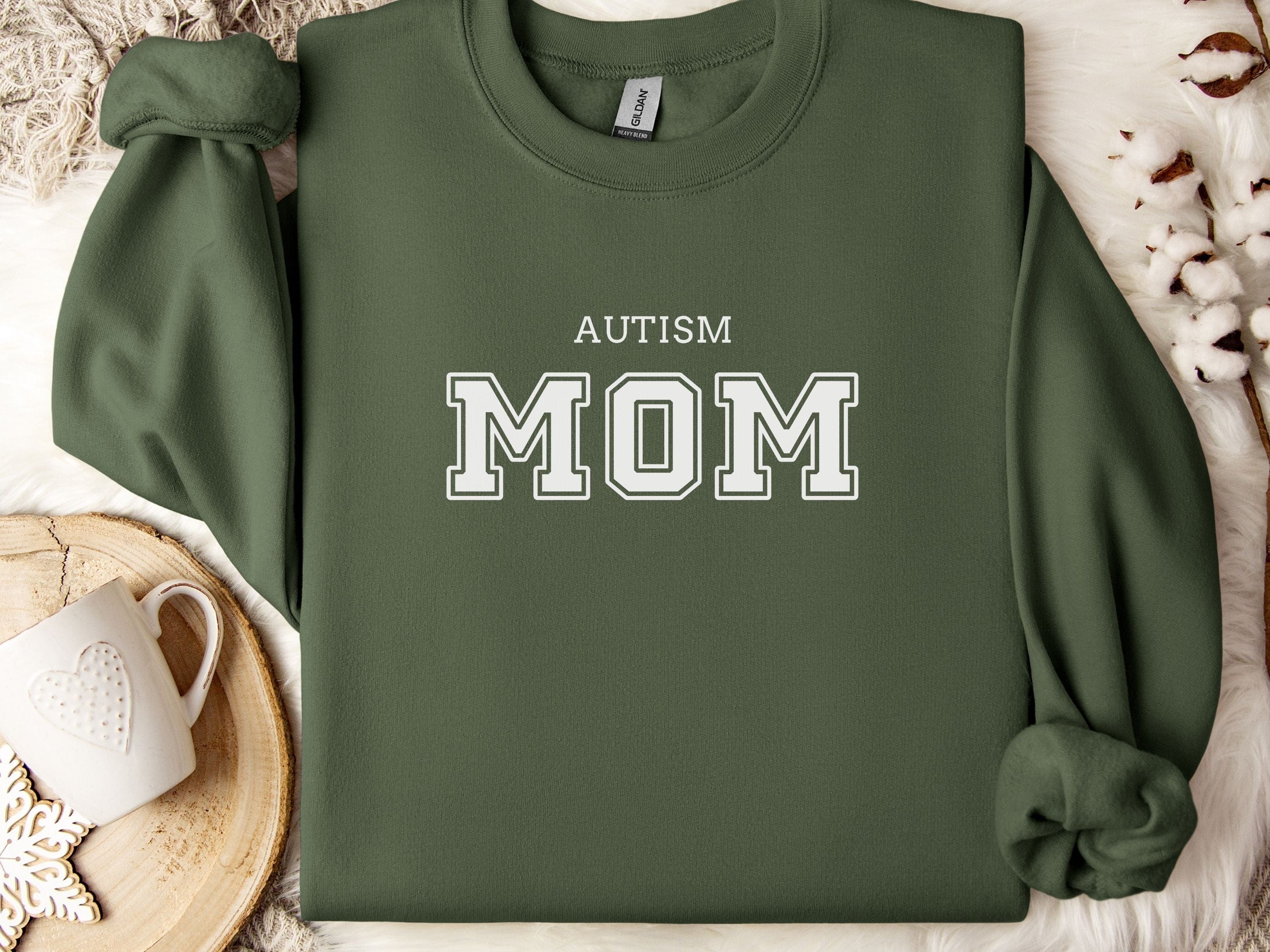Autism Mom College Sweatshirt-Military Green-Neurodiversity, ADHD & Autism Awareness & Acceptance Sweatshirt by Daily Bloom
