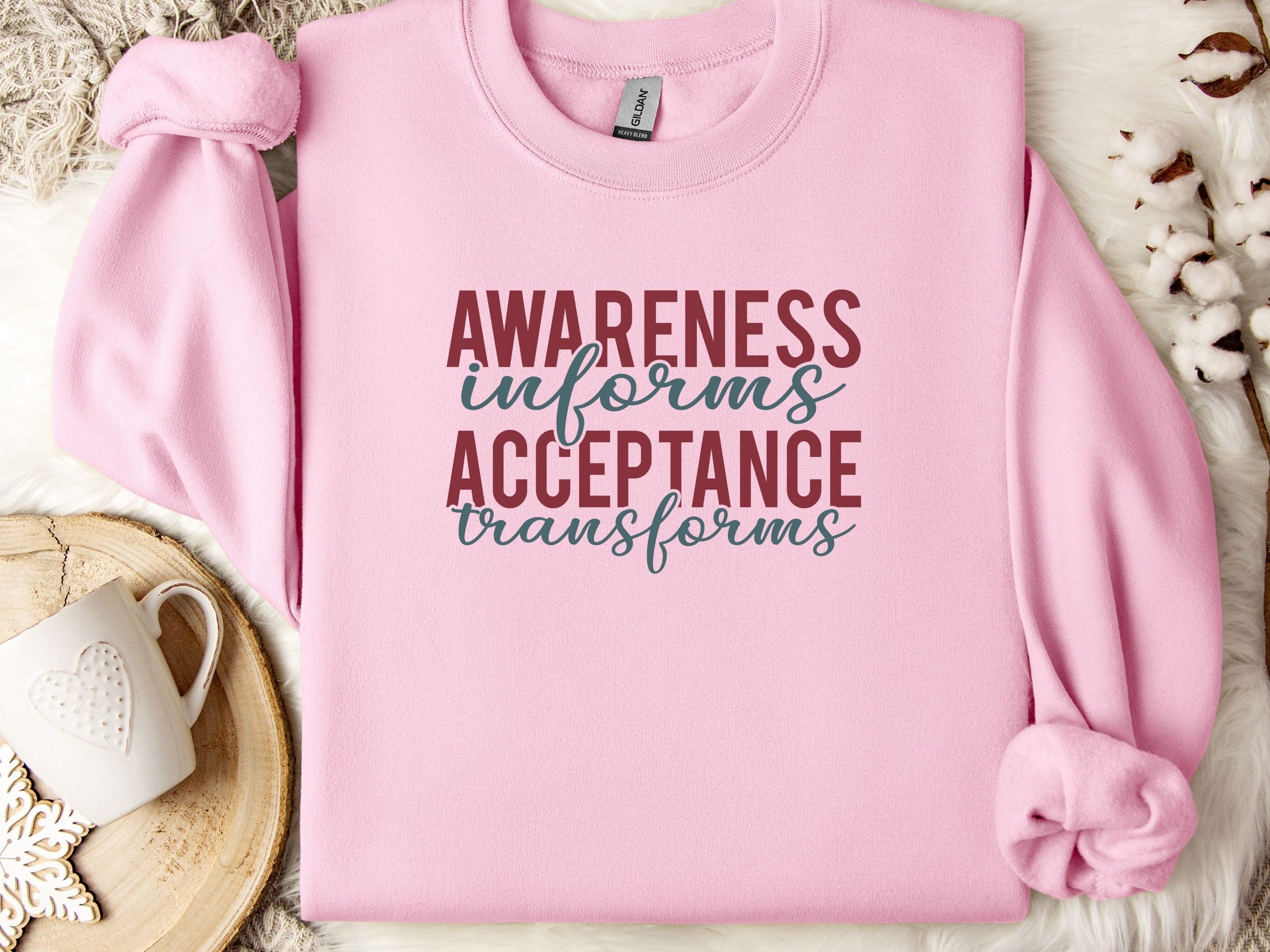 Awareness Informs Acceptance Transforms Sweatshirt-Light Pink-Neurodiversity, ADHD & Autism Awareness & Acceptance Sweatshirt by Daily Bloom