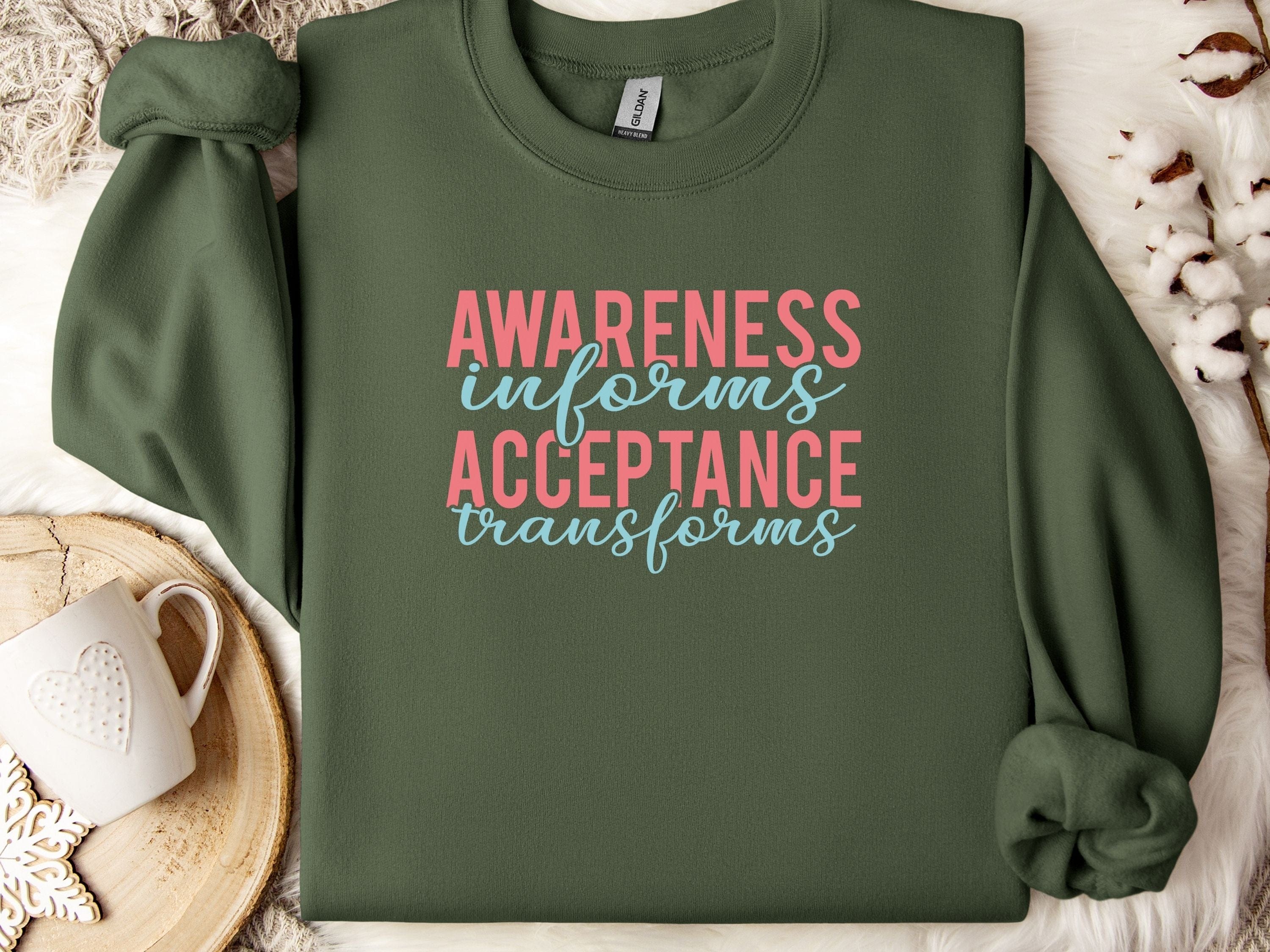 Awareness Informs Acceptance Transforms Sweatshirt-Military Green-Neurodiversity, ADHD & Autism Awareness & Acceptance Sweatshirt by Daily Bloom