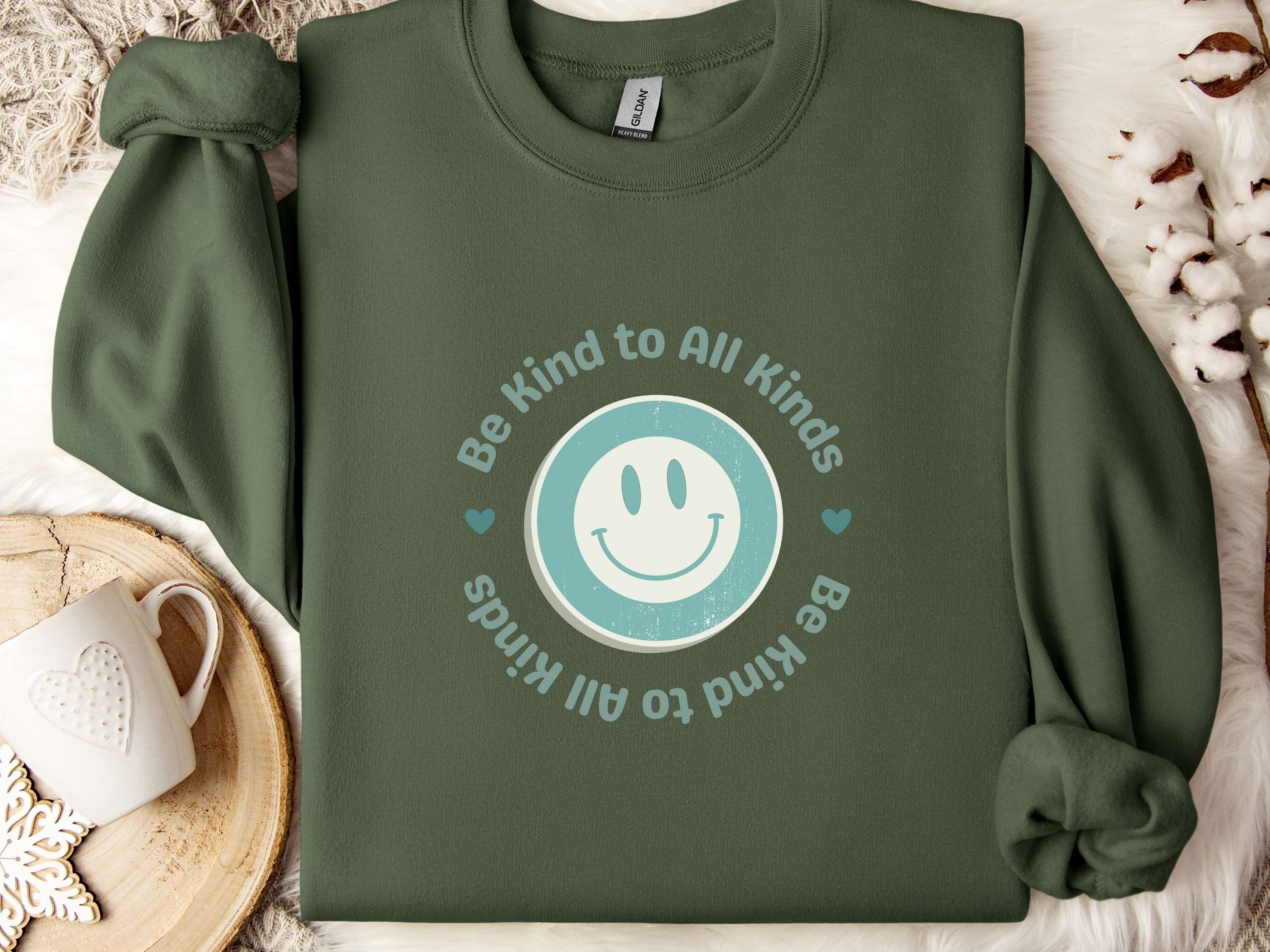 Be Kind To All Kinds Sweatshirt-Military Green-Neurodiversity, ADHD & Autism Awareness & Acceptance Sweatshirt by Daily Bloom