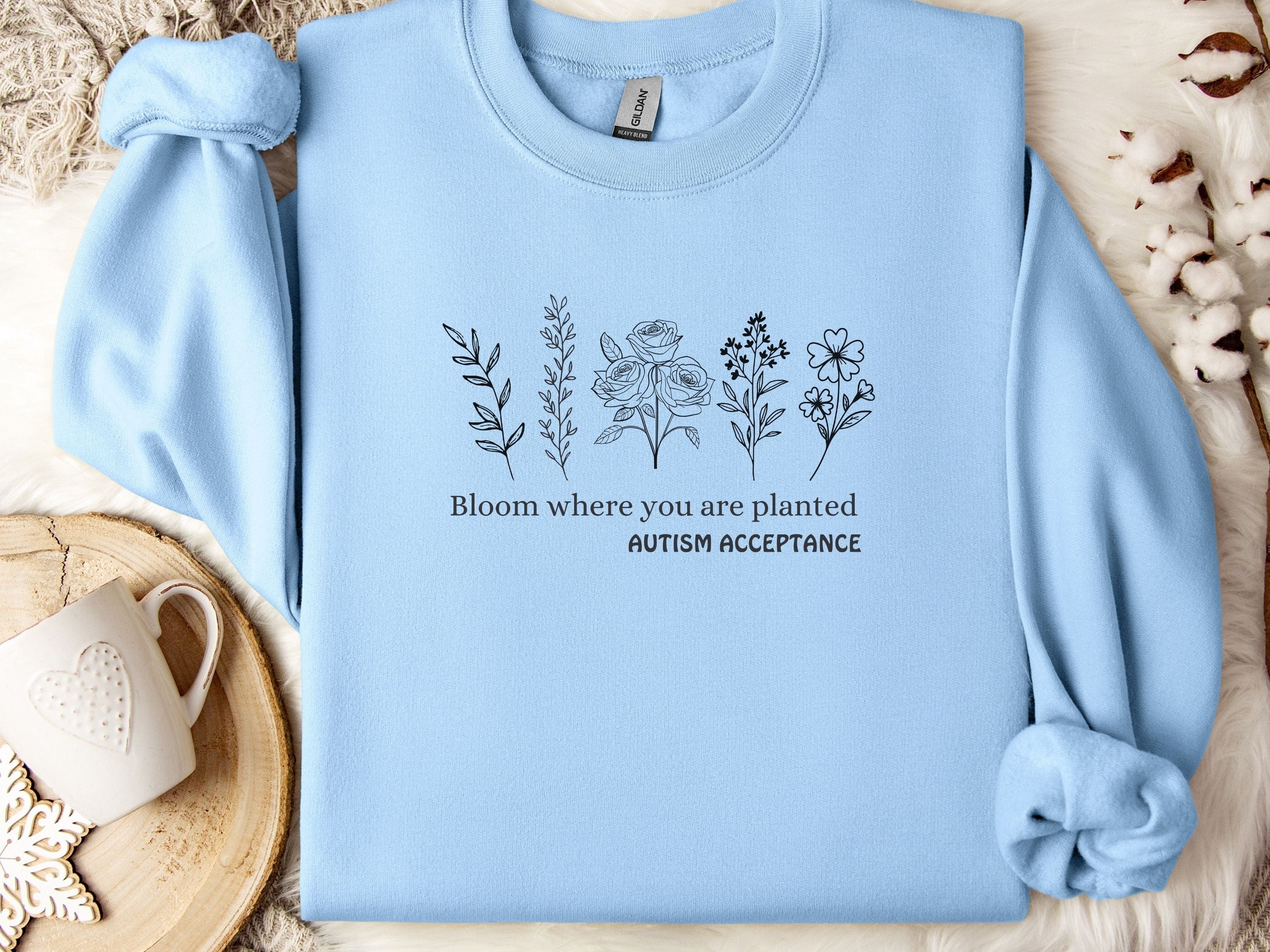 Bloom Where You Are Planted - Autism Acceptance Wildflowers Sweatshirt-Light Blue-Neurodiversity, ADHD & Autism Awareness & Acceptance Sweatshirt by Daily Bloom