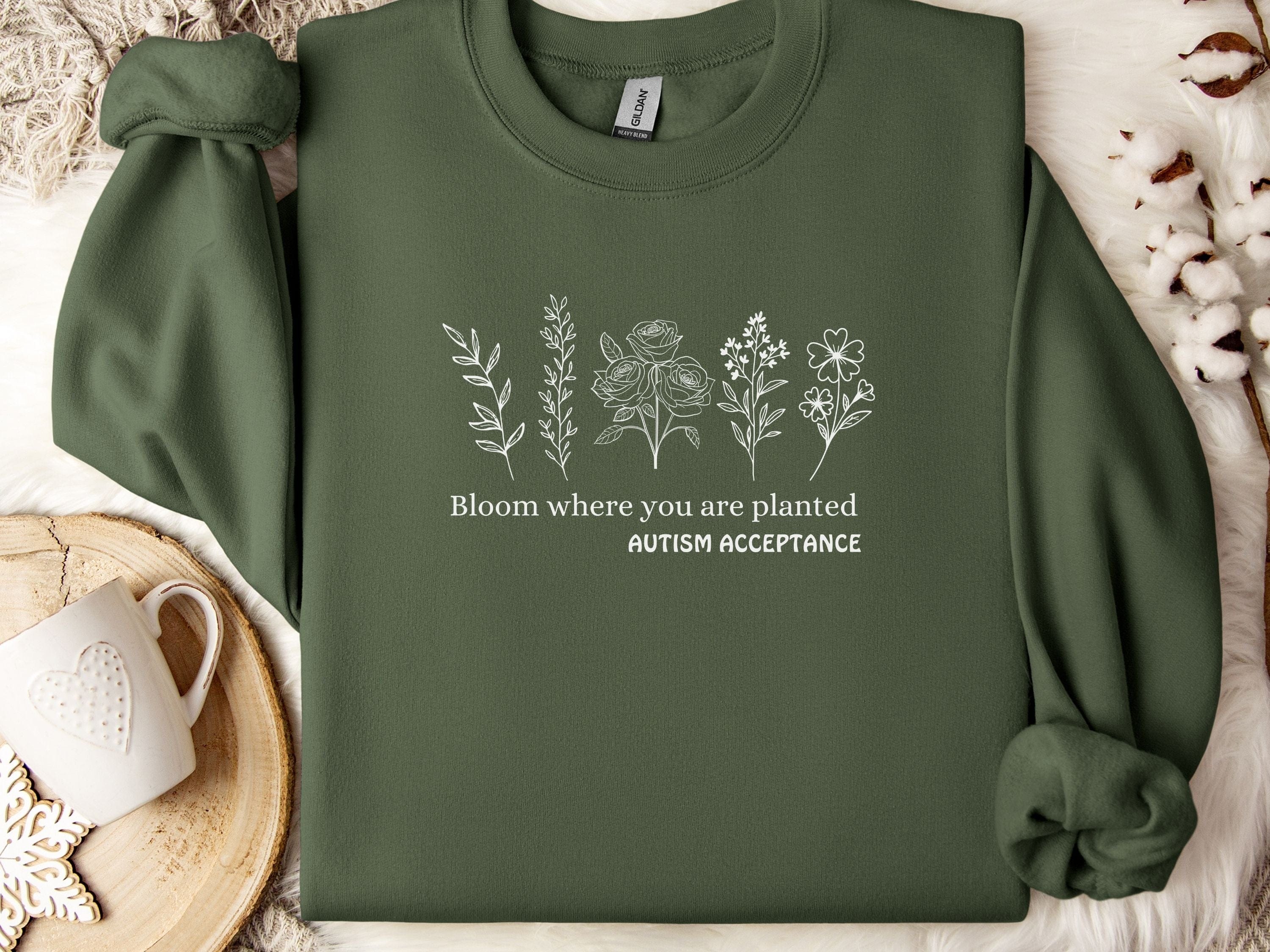 Bloom Where You Are Planted - Autism Acceptance Wildflowers Sweatshirt-Military Green-Neurodiversity, ADHD & Autism Awareness & Acceptance Sweatshirt by Daily Bloom