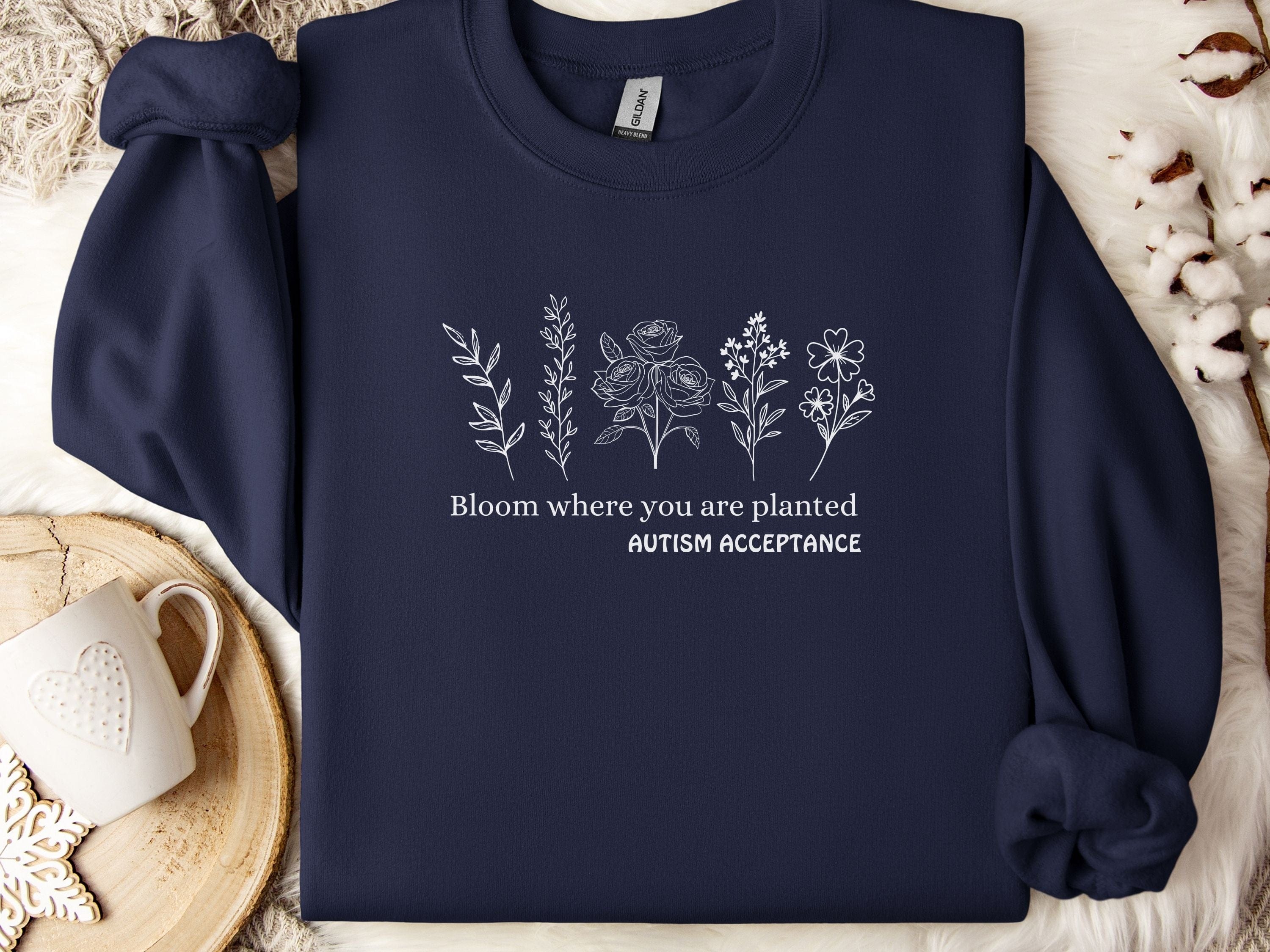 Bloom Where You Are Planted - Autism Acceptance Wildflowers Sweatshirt-Navy-Neurodiversity, ADHD & Autism Awareness & Acceptance Sweatshirt by Daily Bloom