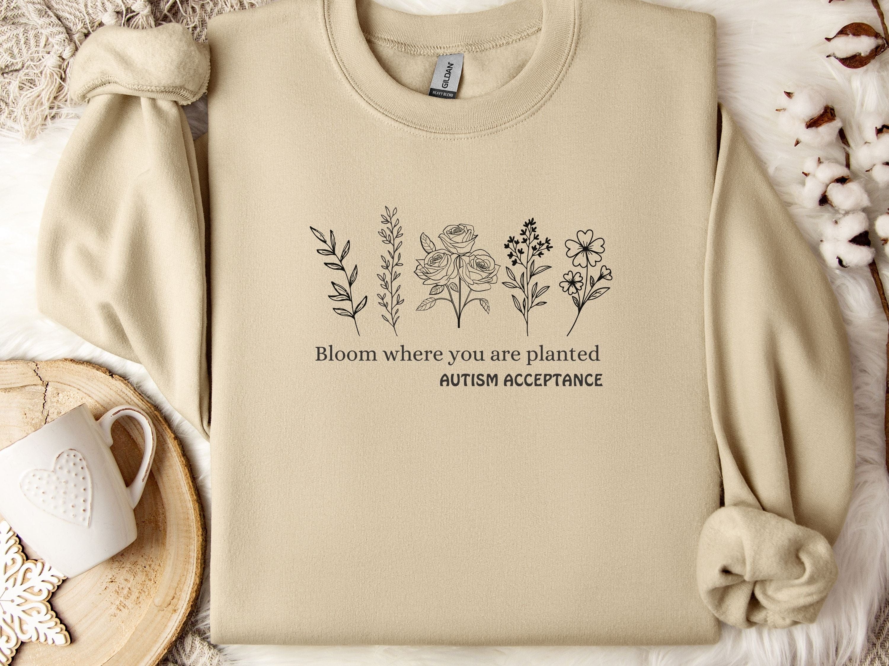 Bloom Where You Are Planted - Autism Acceptance Wildflowers Sweatshirt-Sand-Neurodiversity, ADHD & Autism Awareness & Acceptance Sweatshirt by Daily Bloom