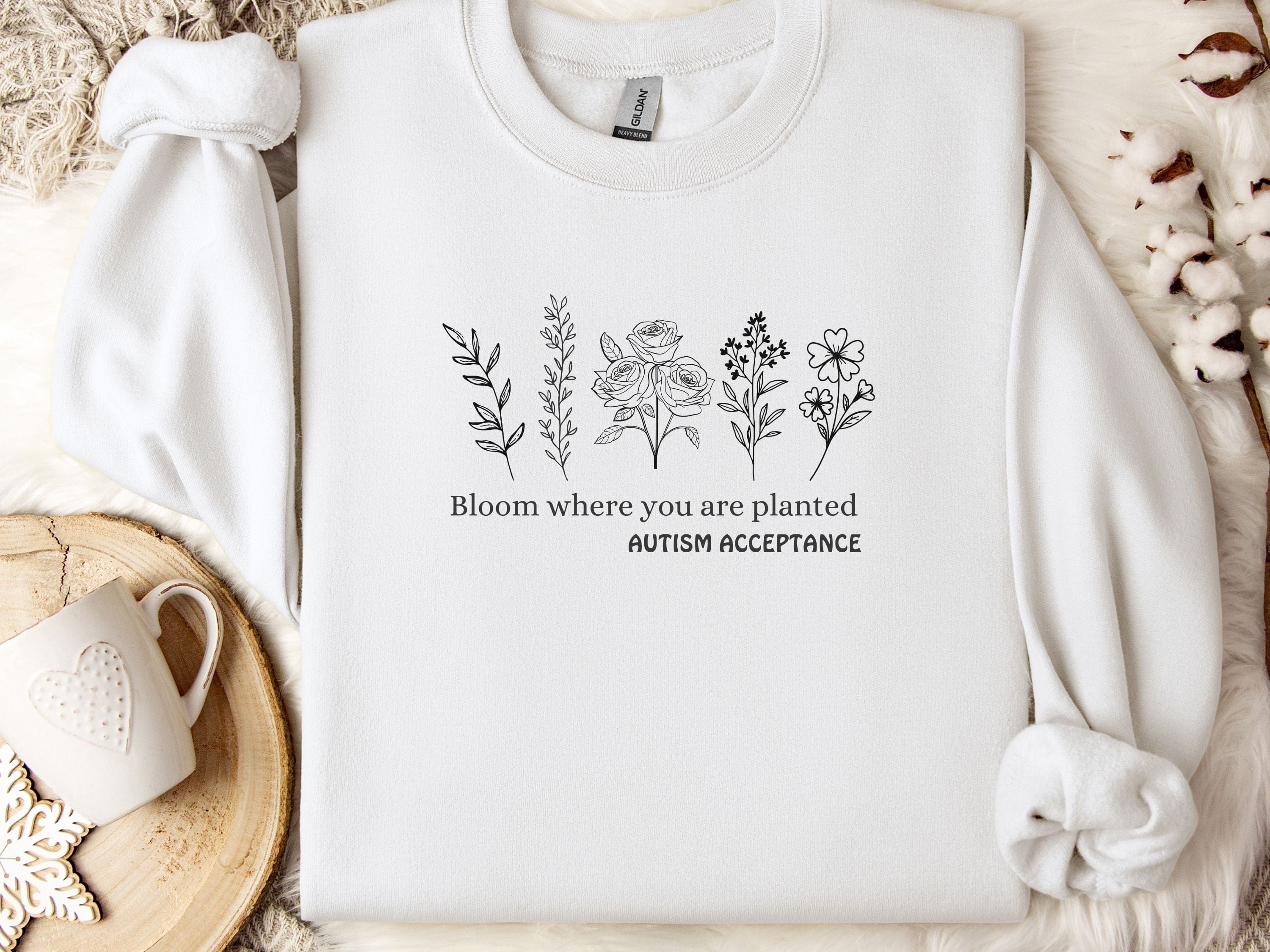 Bloom Where You Are Planted - Autism Acceptance Wildflowers Sweatshirt-White-Neurodiversity, ADHD & Autism Awareness & Acceptance Sweatshirt by Daily Bloom