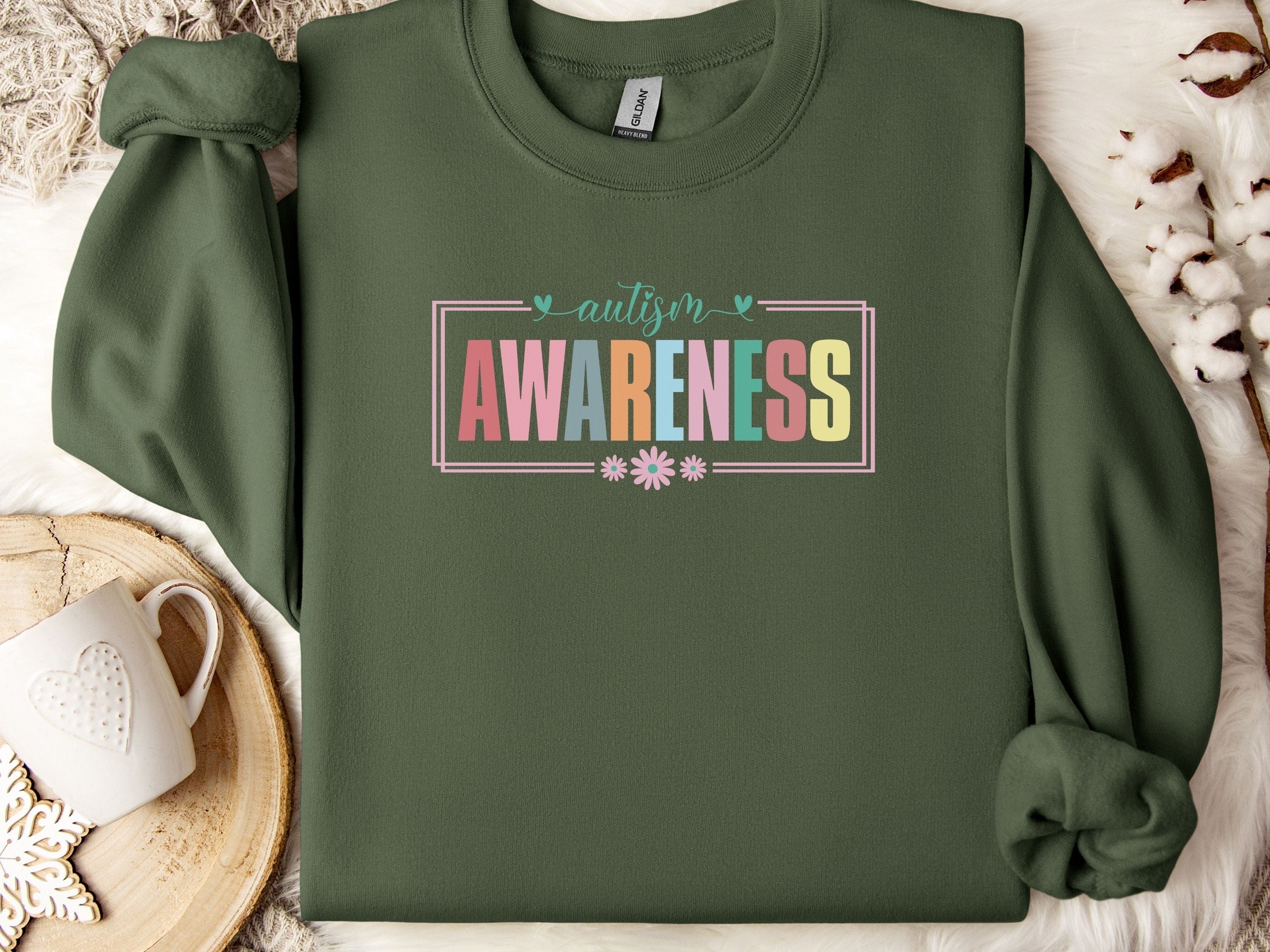 Bright Blooms for Autism Awareness Sweatshirt-Military Green-Neurodiversity, ADHD & Autism Awareness & Acceptance Sweatshirt by Daily Bloom