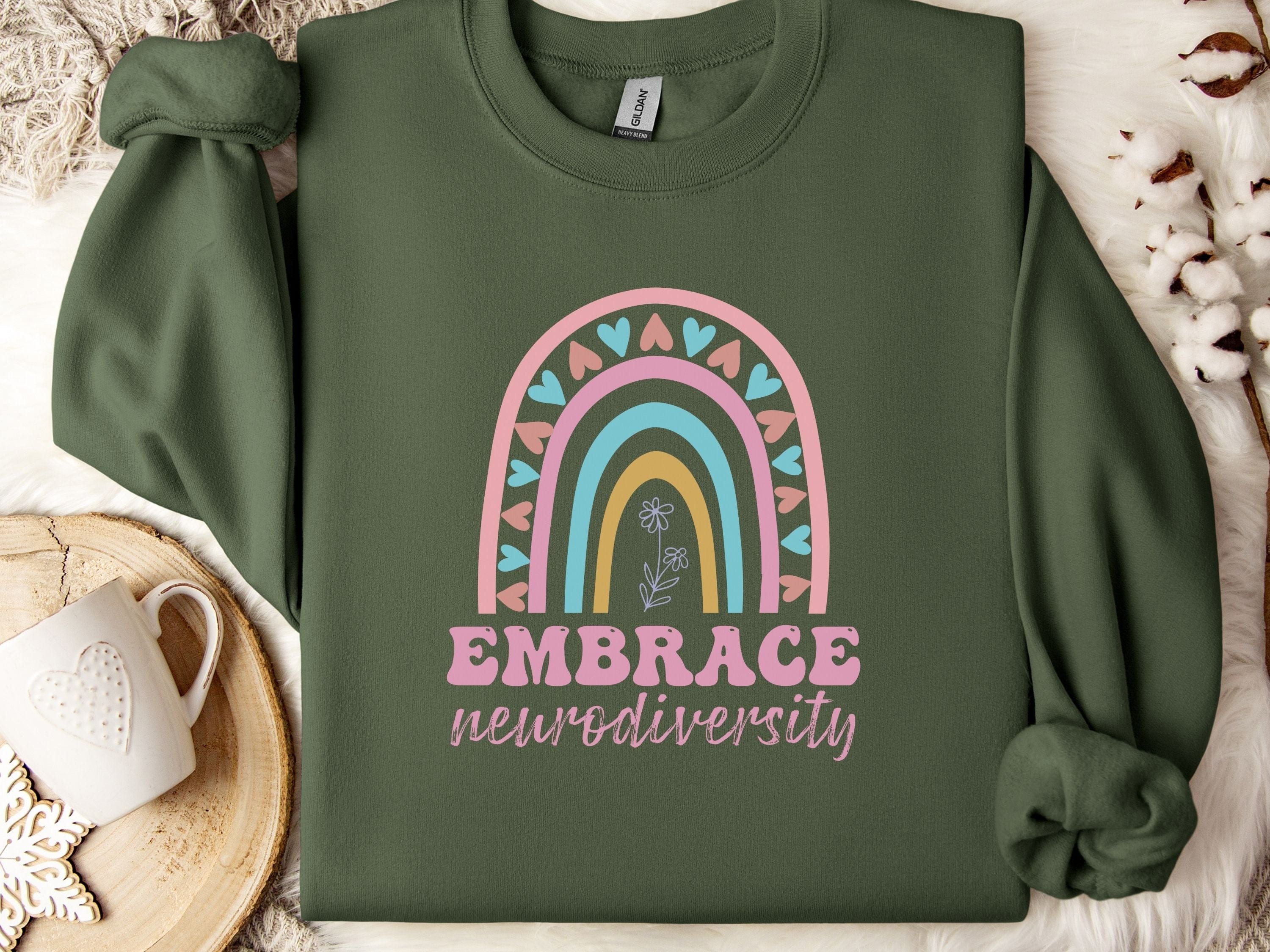 Embrace Neurodiversity Sweatshirt-Military Green-Neurodiversity, ADHD & Autism Awareness & Acceptance Sweatshirt by Daily Bloom