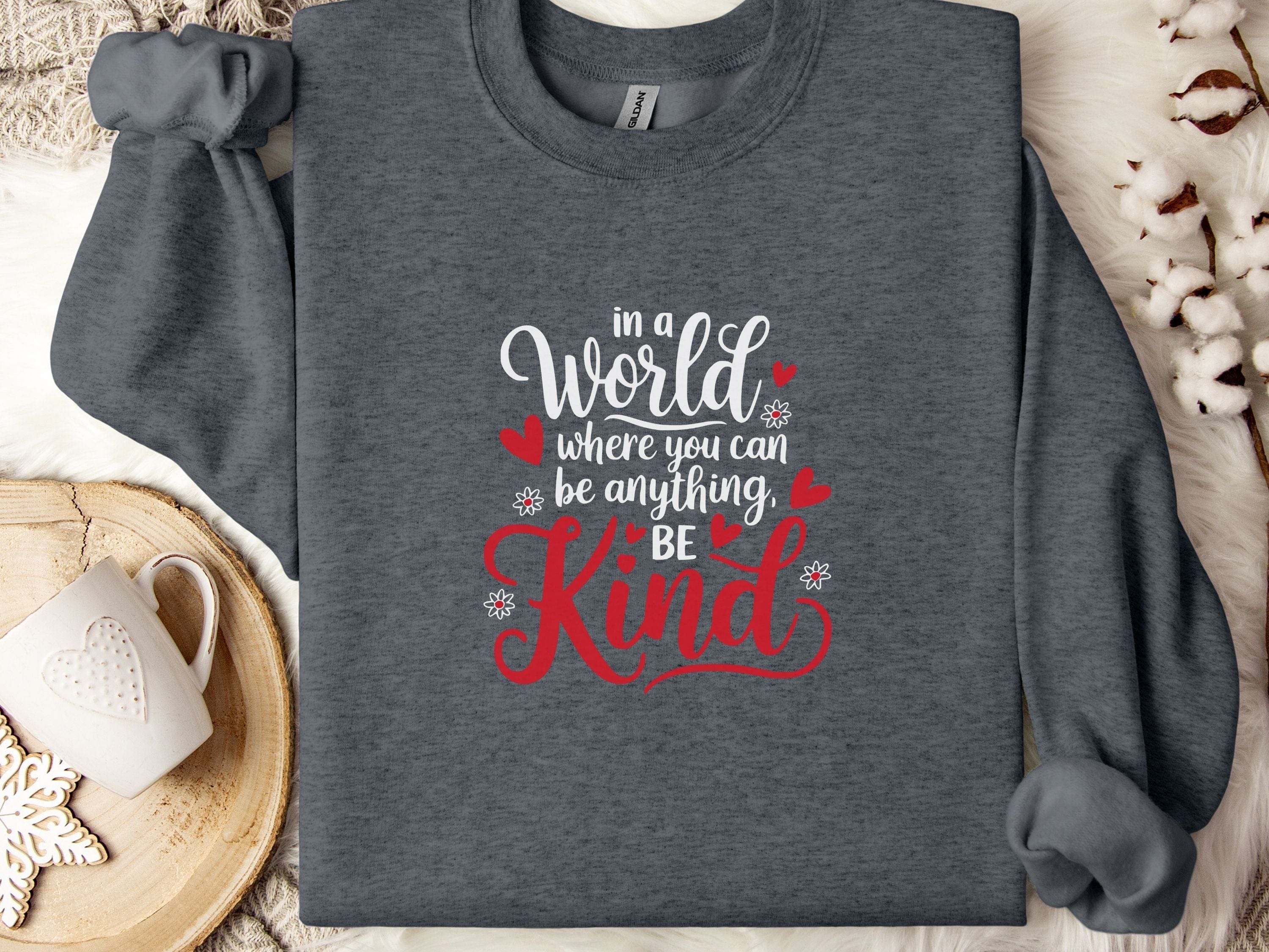 In A World Where You Can Be Anything Be Kind Love Hearts Sweatshirt-Dark Heather-Neurodiversity, ADHD & Autism Awareness & Acceptance Sweatshirt by Daily Bloom