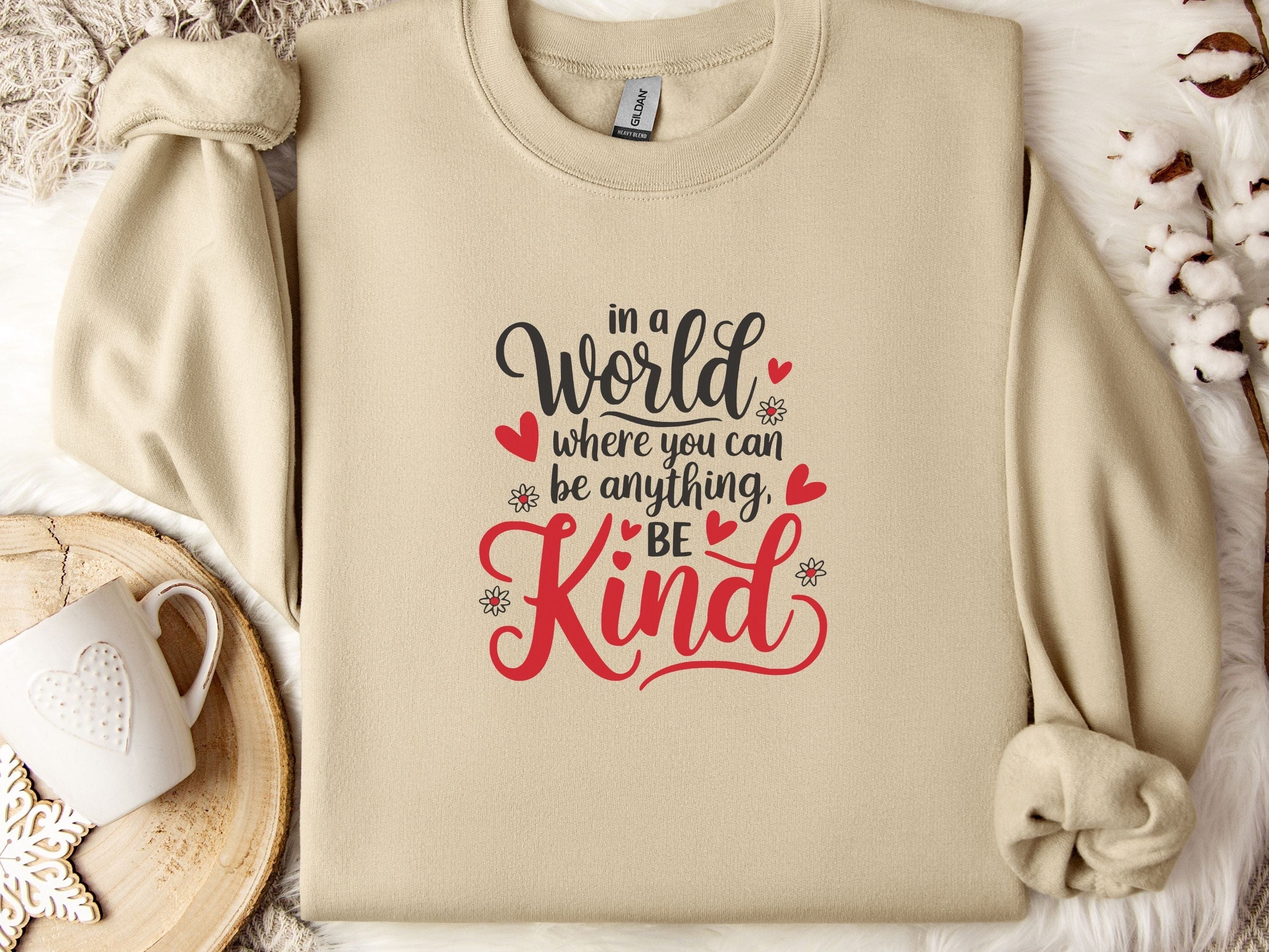 In A World Where You Can Be Anything Be Kind Love Hearts Sweatshirt-Sand-Neurodiversity, ADHD & Autism Awareness & Acceptance Sweatshirt by Daily Bloom